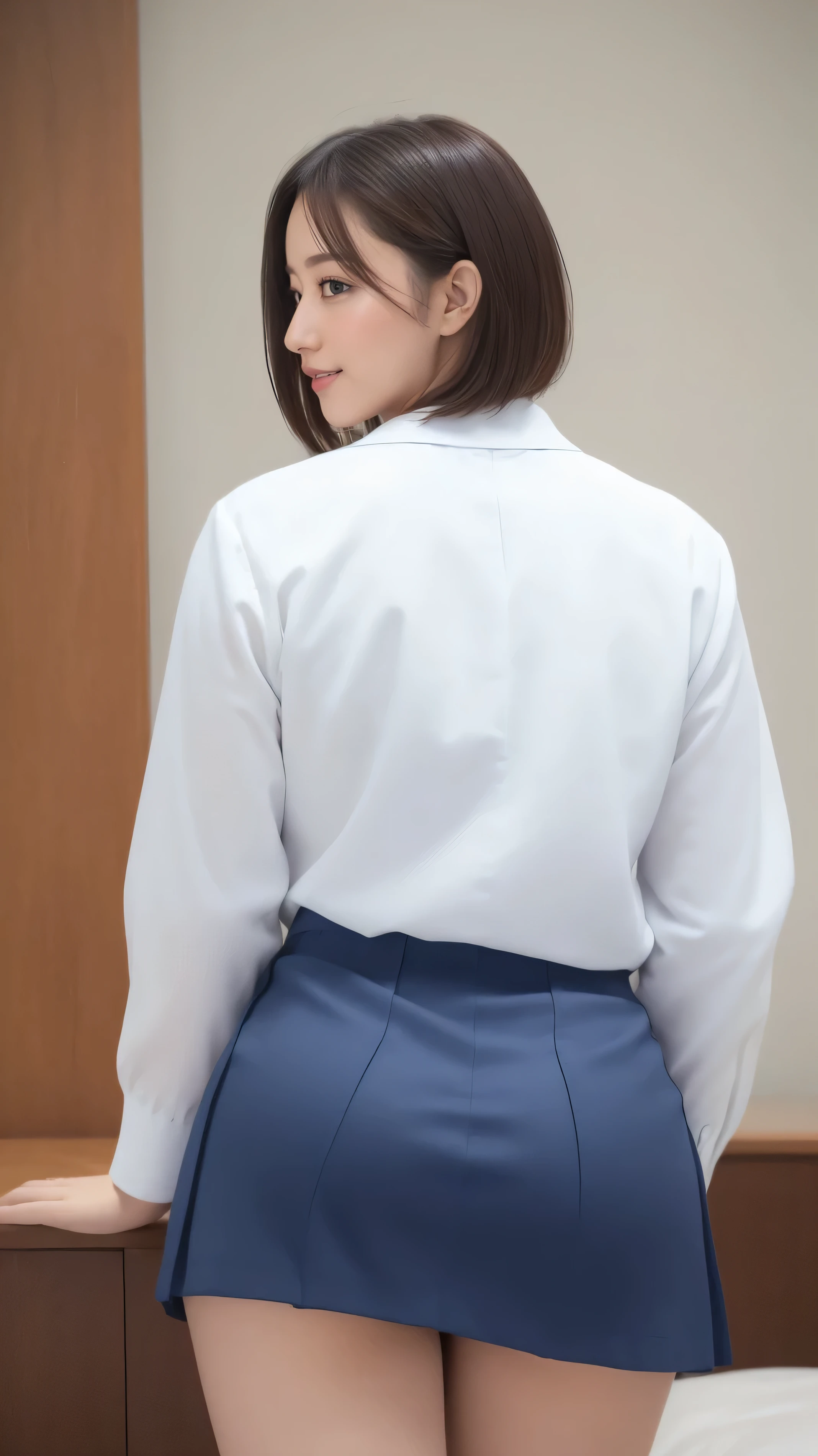 back view、 big ass,Thigh shot from behind、
(((masterpiece))), ((top quality)), ((Delicate Details)), (((surrealistic)), An absurd resolution, The law of near and far, 、very detailed, realistic, 1 girl, ((Colossal )), perfect hands with full nudity, detailed finger, beautiful detail eyes, short hair,,(dark blue tight skirt:1.2), Sensation 、Bright interior,white blouse, don't look at viewers , From the front、smile、 Mole on mouth 、Butt、calf