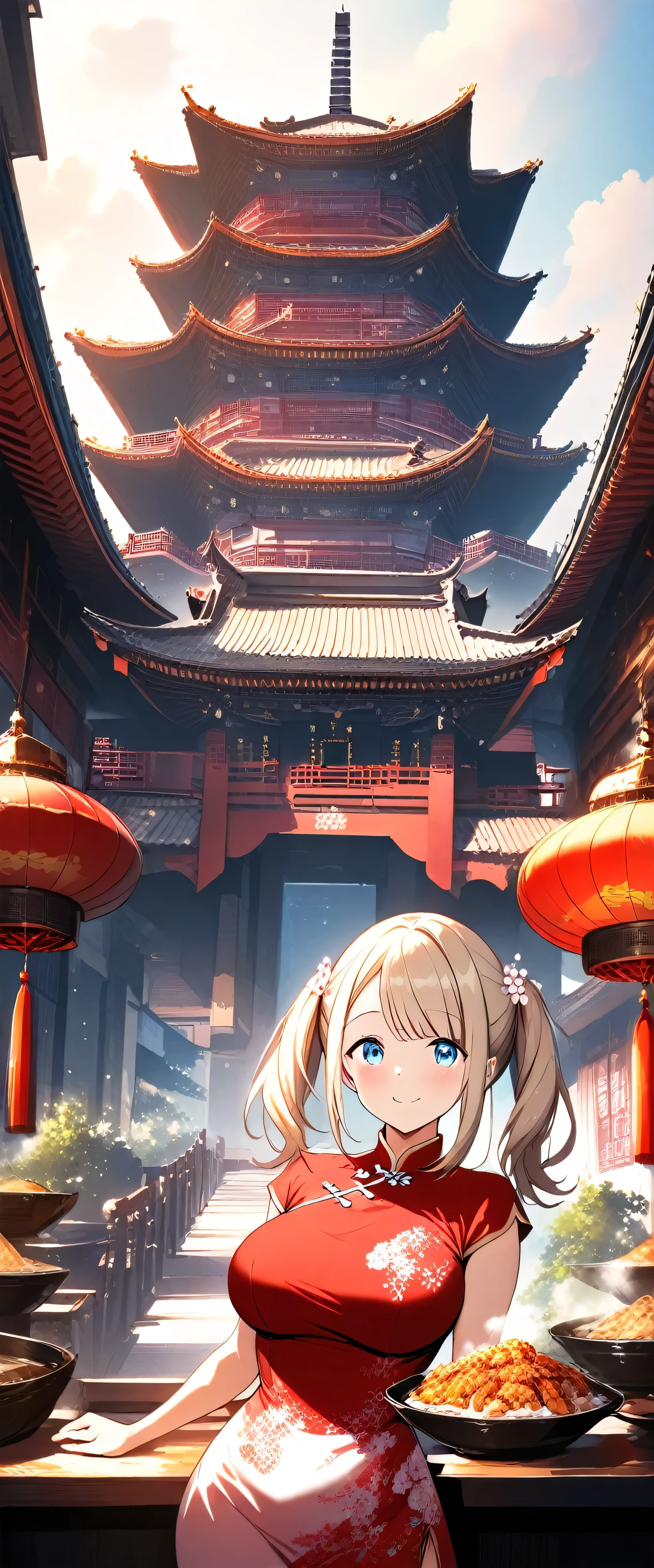 masterpiece,Please redeem,Ultra-high resolution,rich contrast,Very high quality,8k,Highly detailed CG unit wallpaper,Texture,So ridiculous,RAW Photos,anime-style illustration,professional photograph,an extremely delicate and beautiful,Depth of written boundary 1.2,(beautiful girl:1.3),Twin tails,Highly detailed cheongsam,Looks about,Huge buildings,metropolis,The girl is a delivery girl who delivers Chinese food to customers,Steam from cooking,Big Round Ass,Ayase Alisa,smile,woman with her mouth wide open and,big breasts,A vibrant Chinese restaurant, dark store interior,