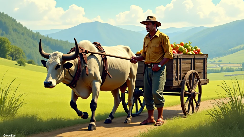 man attachin bull with bull cart