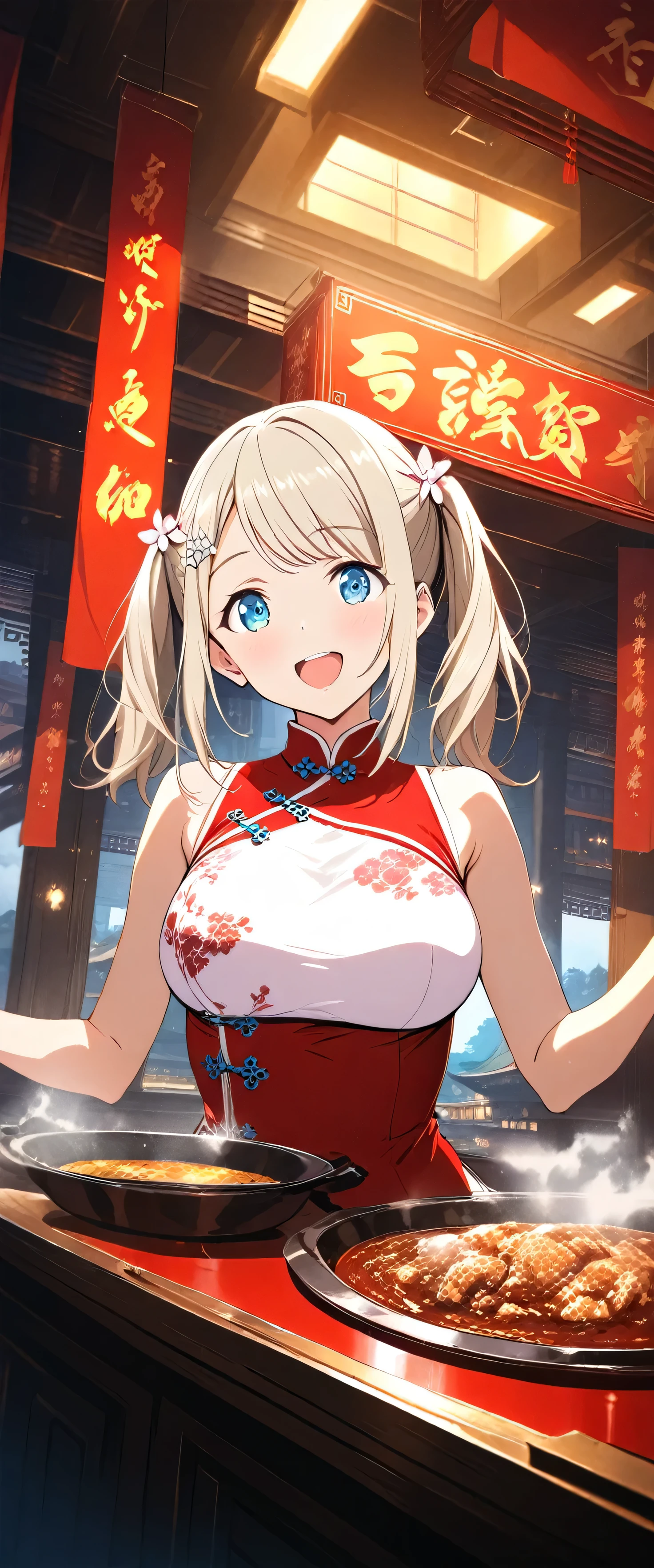 masterpiece,Please redeem,Ultra-high resolution,rich contrast,Very high quality,8k,Highly detailed CG unit wallpaper,Texture,So ridiculous,RAW Photos,anime-style illustration,professional photograph,an extremely delicate and beautiful,Depth of written boundary 1.2,(beautiful girl:1.3),Twin tails,Highly detailed cheongsam,Looks about,Huge buildings,metropolis,The girl is a delivery girl who delivers Chinese food to customers,Steam from cooking,Big Round Ass,Ayase Alisa,smile,woman with her mouth wide open and,big breasts,A vibrant Chinese restaurant, dark store interior,