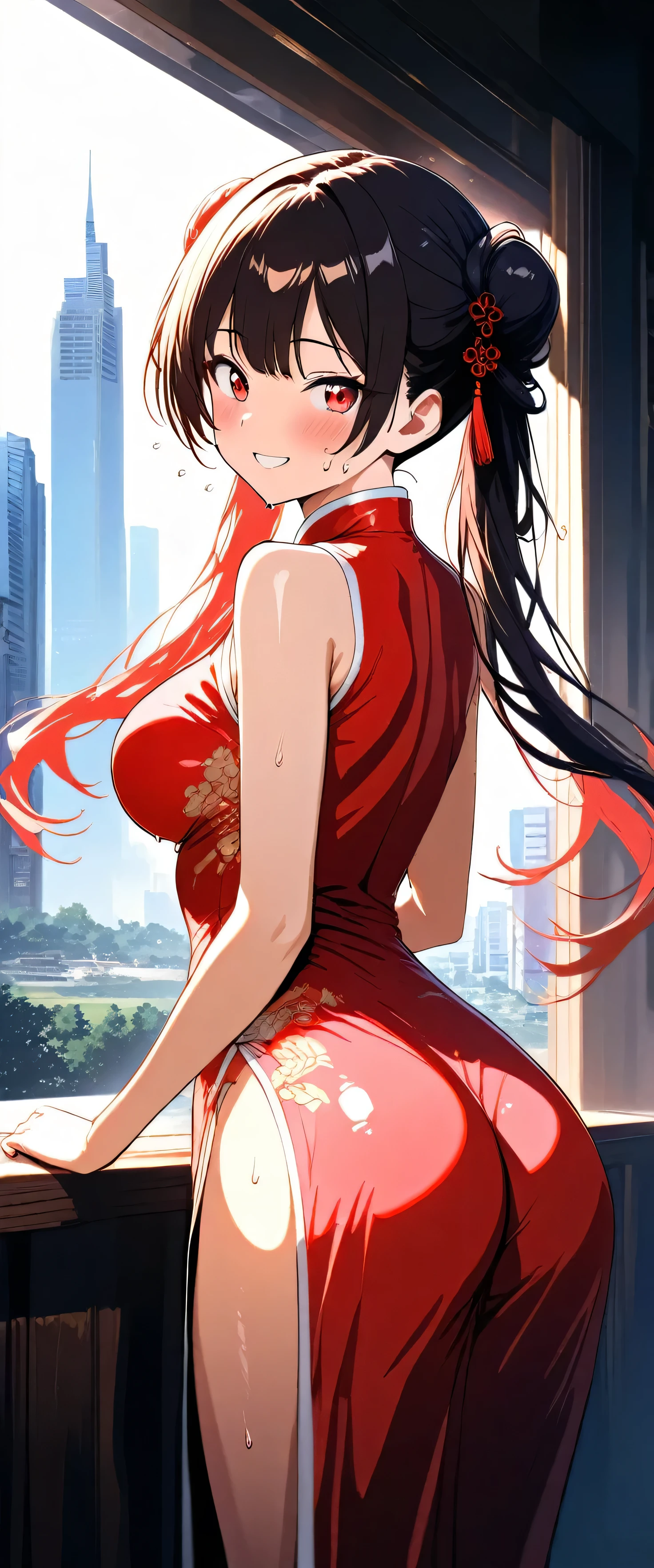 masterpiece,Please redeem,Ultra-high resolution,rich contrast,Very high quality,8k,Highly detailed CG unit wallpaper,Texture,So ridiculous,RAW Photos,anime-style illustration,professional photograph,an extremely delicate and beautiful,Depth of written boundary 1.2,(beautiful girl:1.3),red eyes,Twin tails,Highly detailed cheongsam,Looks about,Embarrassing,blush,wet,Sweat,Moist eyes,weak,Huge buildings,metropolis,The girl is a delivery girl who delivers Chinese food to customers,Steam from cooking,Big, round, beautifully shaped butt,Booty pose,Fujisaki Shiori,smile,,(butt close-up:1.2),(Rear View:1.5)