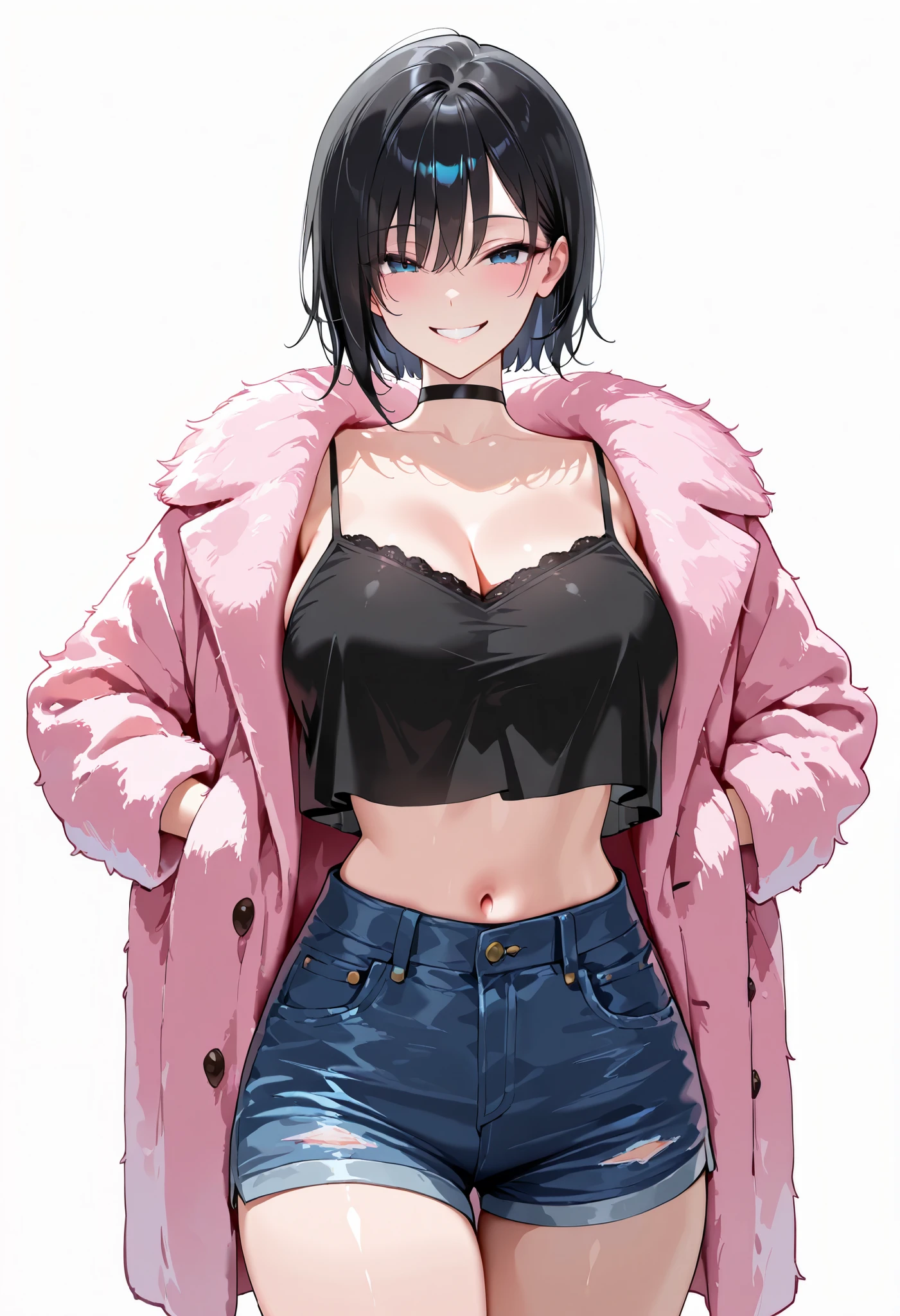high res image, Beautiful girl with slim body, (masterpiece, detailed:1.2), (1girl:1.4), (black hair, short hair, long bangs), (dynamic poses), looking at viewer, (enjoyed, smile), (blue eyes, detail eyes), Beautiful eyes, (average breasts:1.3), (slender body), (beautiful detailed face, beautiful detailed eyes), ((hot pink faux fur coat, black cropped overhang camisole, denim shorts, black choker)), (open waist, navel), (white simple background), ((cowboy shot:1.3)), seductive, lustrous skin, lustful skin, erotic skin