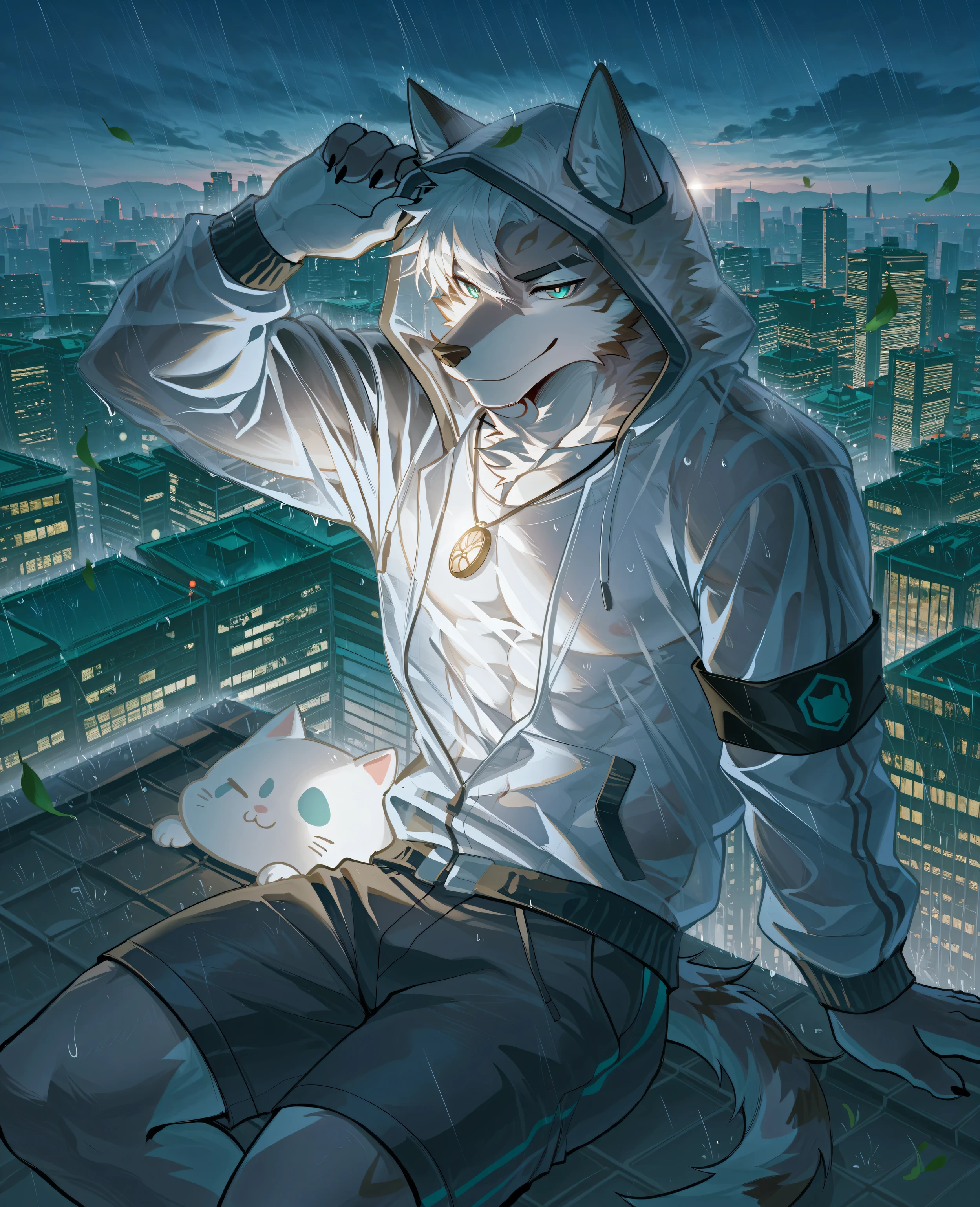 sfw,masterpiece,UHD,solo:1.2,highres,best quality,anatomically correct,furry male,male_focus,(white cat,Maine coon),collarbone,(white fur:1.5,white hair),grey_streaked_hair,short hair,black eyebrow,snout,(detailed eyes,teal_blue eyes,detailed pupils,beautiful eyes),snout,animal ears,cat ears,absurdres,shapely,handsome,Maine_cat tail,cowboy_shot,(slender muscle:0.3),(open white jacket,necklace,black armband,transparent grey shorts,transparent clothes,see-through_silhouette,hood on head),(5 fingers:1.1),(skinny:0.7),(peaceful face,seductive smile),cool pose,sitting on roof,leaning back,(on roof,buildings,in city,skyline,rainy,leaves in wind,),ray tracing,looking_at_viewer,from_side:1.3,(dim light,ambient light:1.2),bokeh,detailed background,Tyndall effect,(city scenery),((beautiful detailed background)),break,(wolftapioca:0.3,chung0u0,(by zwm:0.6),(lindong:0.8),(by null-ghost:0.8),huashijw,(asteroid_ill:0.8),(smile \(qd4nsvik\):0.9)),cg,highres,sfw