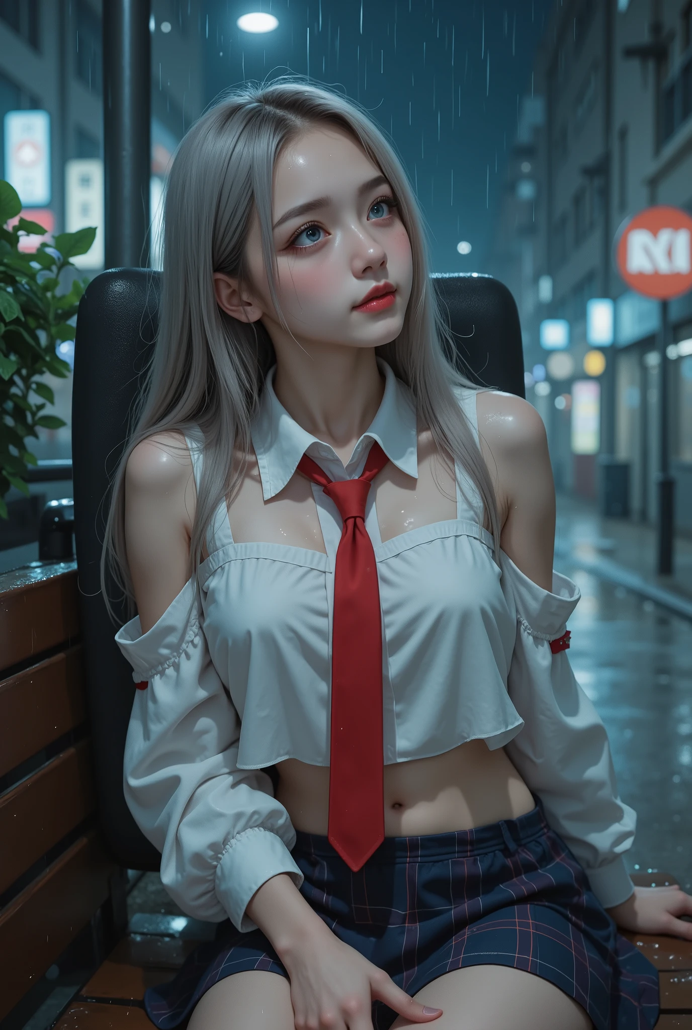 (girl walking in forest park)、1 girl, silver hair, striped hair, bangs, 鈍いbangs, long hair, pink hair, aqua eye, long eyelashes, purple eyes, compensate, smile, parted lips, realism, verism, surrealism, written boundary depth, one person'point of view, f/1.8, 135mm, canon, nffsw, retina, table top, Accurate, anatomically correct, rough skin, Super detailed, advanced details, high quality, 最high quality, High resolution, 1080P, hard disk, 4K, 8K,(whole body angle))((sexy pose))、(camel toe)、sexual excitement、sexual expression、shiny skin。realistic, joy, Portrait of a beautiful girl, (From above:1.3), (最high quality:1.2), Super detailed, advanced details, Mask work shining with beautiful blue eyes、gray hair、silver hair、((beautiful breasts :1.1)), (exposed chest)0p、(girls school uniform)(Wet white blazer、chest emblem),(translucent white blouse),(Loose red bow tie),(wet navy blue flare、Skirt soars)、mix4, (best shadow: 1.1), shiny skin。realistic、photographrealsitic:1.37)、(K-POP idol)、(wet and disheveled hair)、medium hair、(pink blush)、(one personで)、(sexy pose)、((nipple))、(puffy eyes:1.2)、 (slim legs)、erotic、nffsw、very detailed ambient occlusion、超High resolution, 超realistic, very detailed, (yawning), ((she is wet)).photograph,(wet lace underwear)