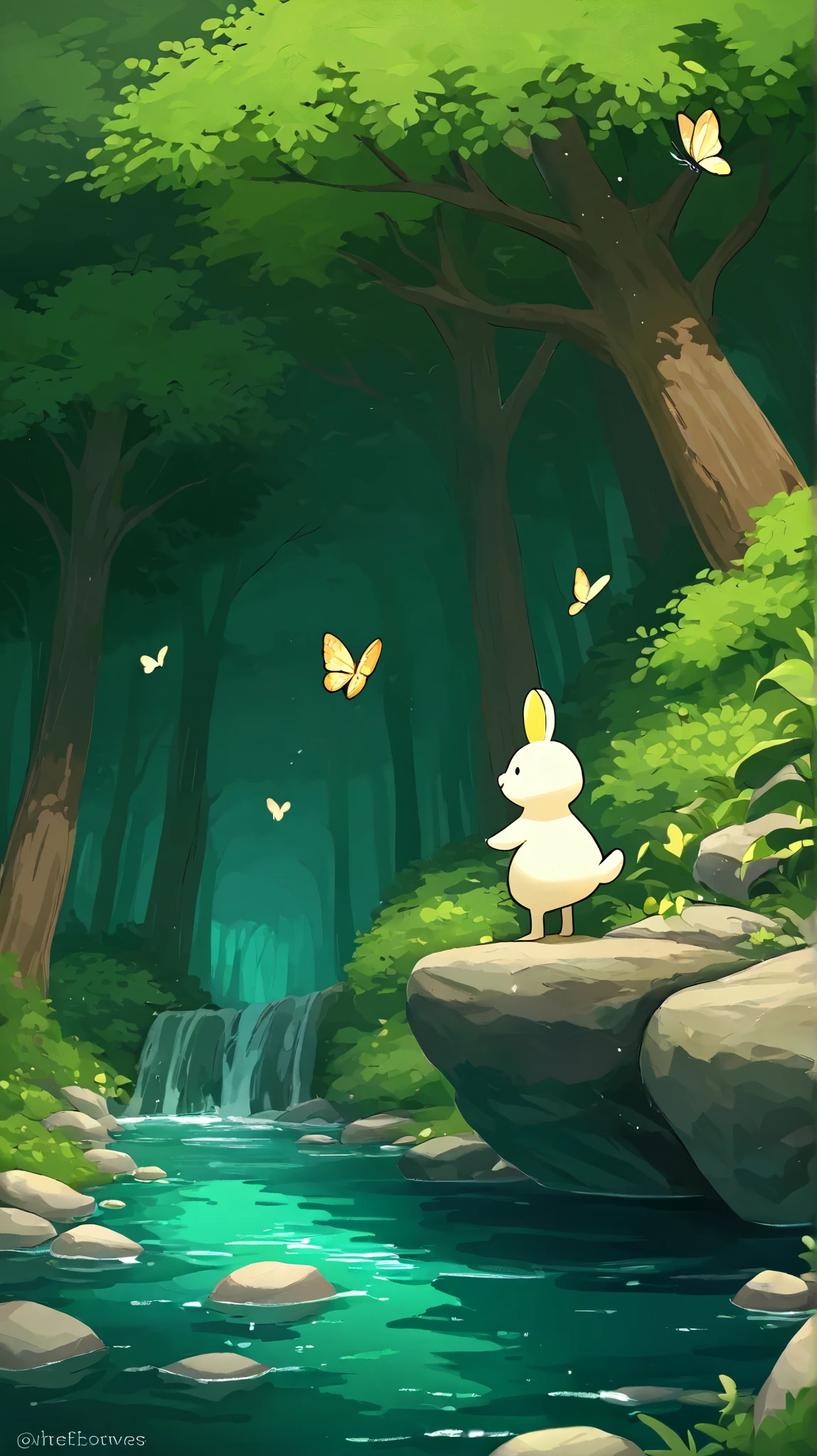 The character Exploring the Forest* – It walks through giant leaves, hops over small river stones, and admires butterflies fluttering around.