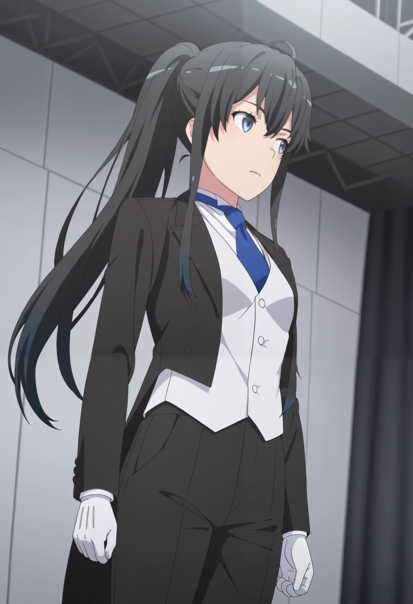 yukino yukinoshita, 1girl,solo,black hair,gradient hair,ponytail,blue eyes,small breasts,
black jacket,white formal,blue necktie,white shirt,black pants,white gloves,