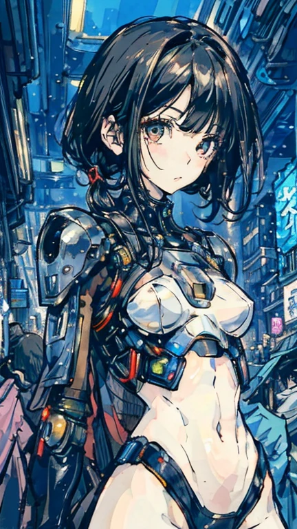 cyborg、Cyberpunk Girl、Mechanical armor on both arms、Futuristic goggles、long green hair、White clothing