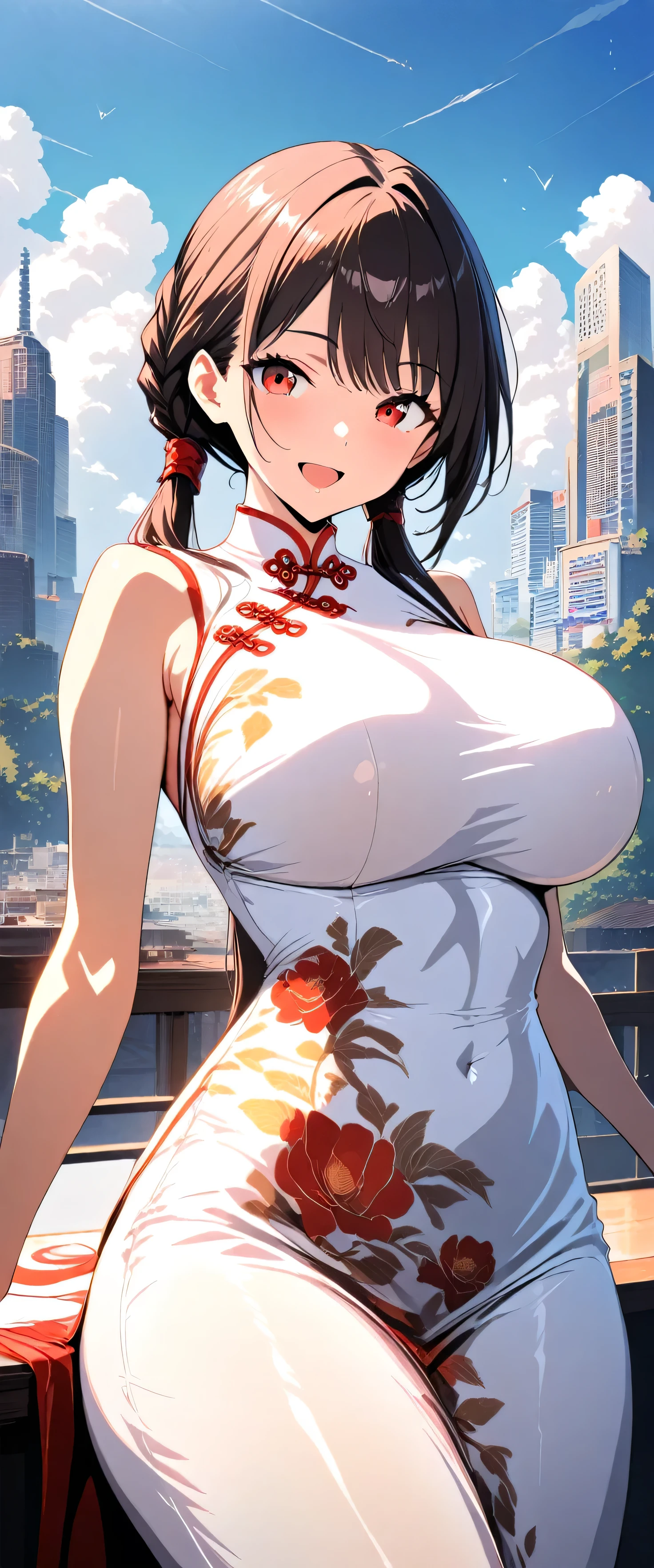 20 years old,1 mature woman,hyperrealistic, 8k, (extremely detailed 8k), (very delicate and beautiful), (masterpiece), (better quality:1.0), (ultra high resolution:1.0), (masterpiece, best quality),cute,black hair,big breasts,ponytail,POV,,full body,white background,realistic skin,looking at viewer,Chinese dress