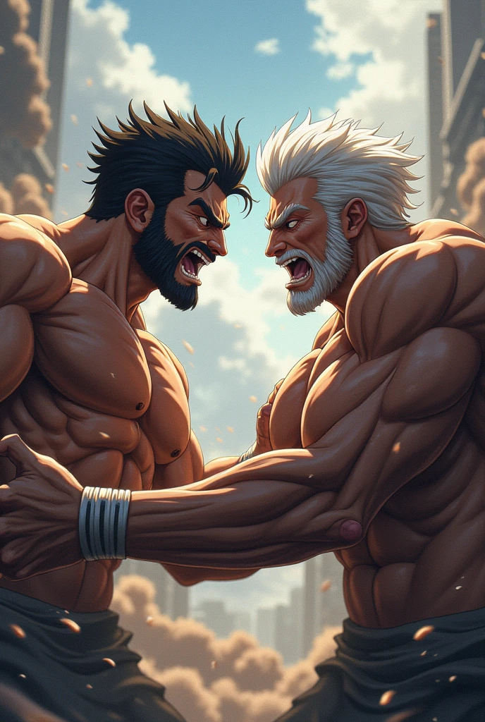 Closeup of two men with different faces and dark background, battle between good and evil, epic digital art illustration by Roman Bezpalkiv, Greek mythology digital painting, by Hristofor Žefarović, muscular characters, godlike and stoic, good and evil, Battle, Lightning, by Aleksander Kotsis, Symmetrical Epic Fantasy Art