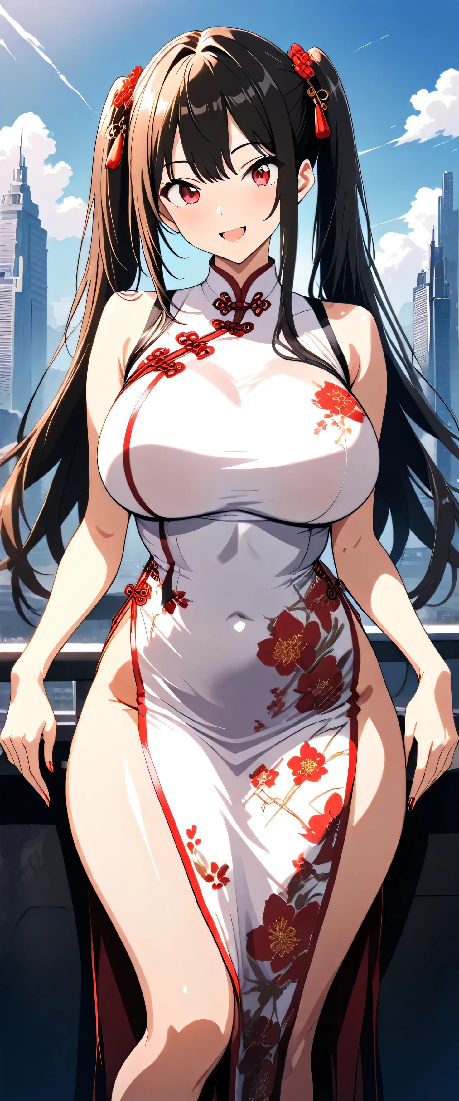 masterpiece,Please redeem,Ultra-high resolution,rich contrast,Very high quality,8k,Highly detailed CG unit wallpaper,Texture,So ridiculous,RAW Photos,anime-style illustration,professional photograph,an extremely delicate and beautiful,Depth of written boundary 1.2,(beautiful girl:1.3),red eyes,Twin tails,Highly detailed cheongsam,Looks about,Huge buildings,metropolis,The girl is a delivery girl who delivers Chinese food to customers,Steam from cooking,Big Round Ass,Booty pose,Rin Shibuya,smile,and open your mouth wide,(big breasts:1.3),