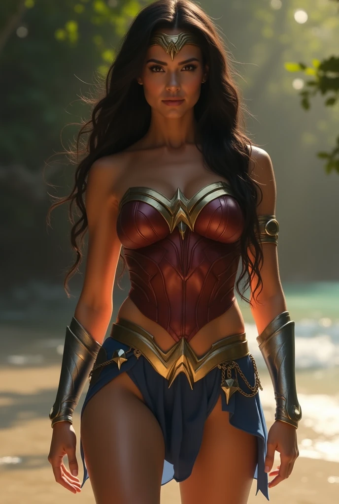 Adriana Lima under the mantle of the Amazon warrior Wonder Woman long black hair red corset suit and light blue Legis with stars red boots Diaema Wonder Woman on her forehead long golden bracelets 