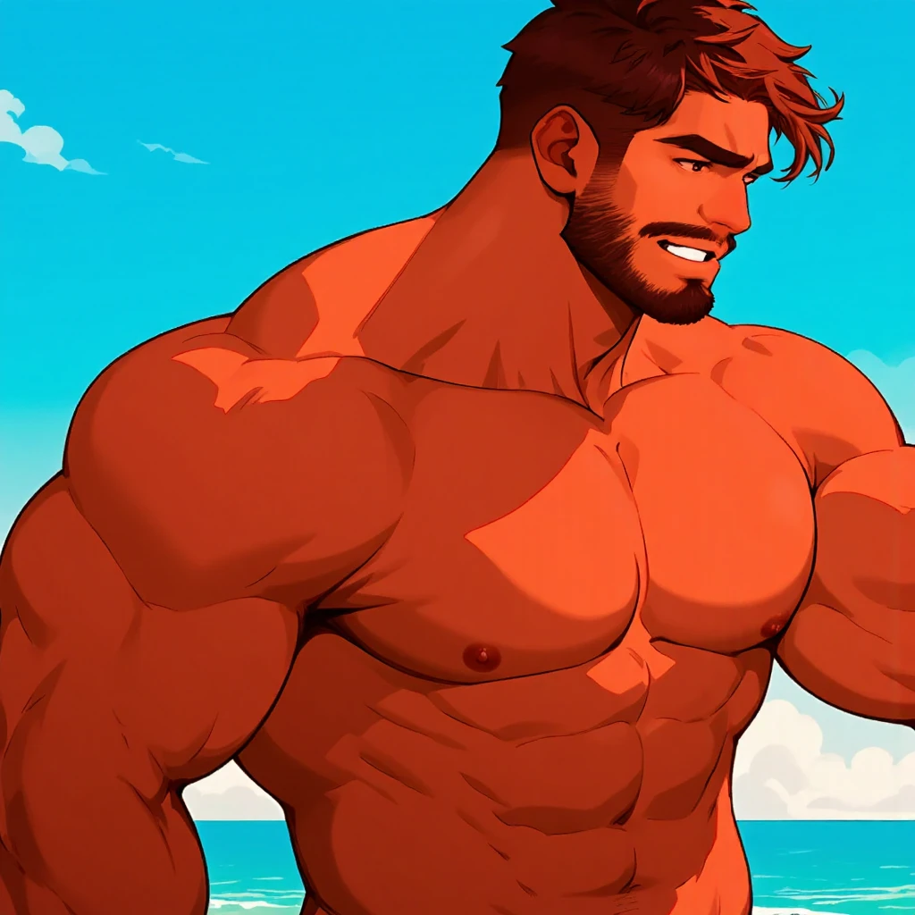 Lifeguard, tanned man, handsome masculine face, brown eyes, short blond hair, muscular body, huge chest, huge biceps, thick thighs, oily and shiny skin. He is wearing a small red thong with a white cross, sunglasses, a whistle hanging from his neck and a lifeguard board.