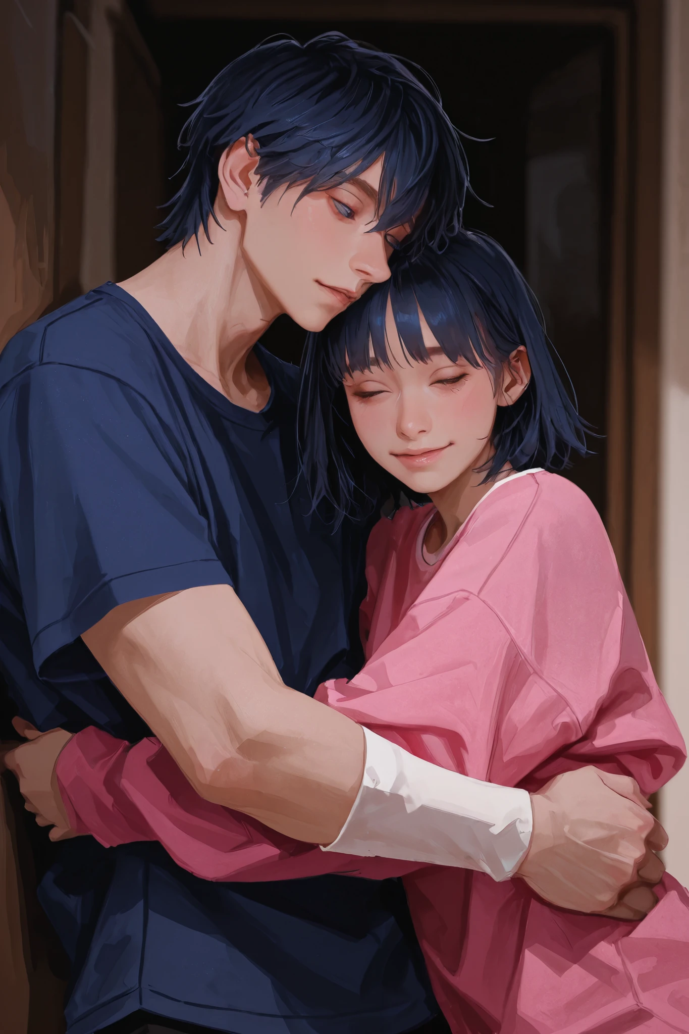 Create an image of a 19 year old brother in pink tshirt with white strips and a sister in dark blue tshirt hugging each other and sister is coming till the neck. Make it look realistic