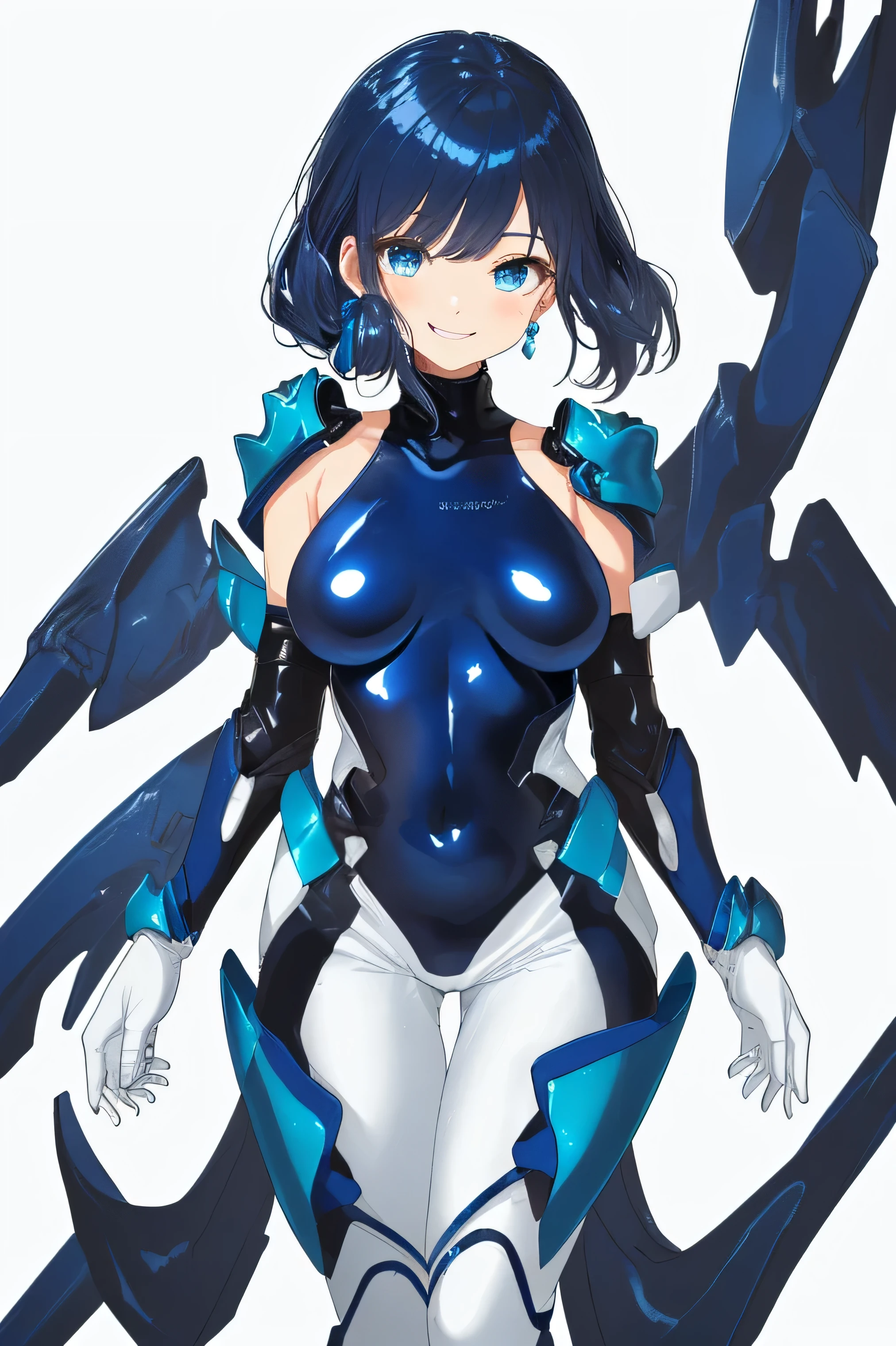Highest quality,Masterpiece,High resolution,Super detailed,perfect anatomy,extremely detailed CG,girl,(Full body painting)、No correction、(((Sato Air)))、(Character portrait)、Fighter of Justice、((Lori))、One unparalleled beautiful girl,Short Hair,Brown Hair,Blue Eyes,Big Breasts,Big Butt、Glossy black bodysuit、A plump and seductive body、The ultimate female body、smile,cute,Refreshing belly,,See-through clothing、Shiny skin、Wearing a mechanical miniskirt、((Mecha Girl))、Knee socks、(Has mechanical bird wings on his back)、(Has a mechanical tail)、(Mechanical Limbs)、(Background is a ruined city)、(Hand guard)、