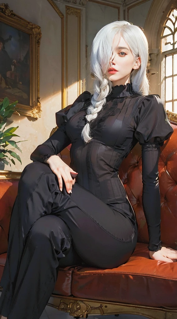 Best quality, soft light, ultra high resolution (photorealistic: 1.4), 1 cute gothic girl, , blonde hair, gray eyes, gothic dress, pale skin, gothic makeup, (Detail of human skin in high resolution Texture), sitting in an armchair, black knee-high stockings, gothic room,
small tits, tattoo of a heart on the belly, black lips