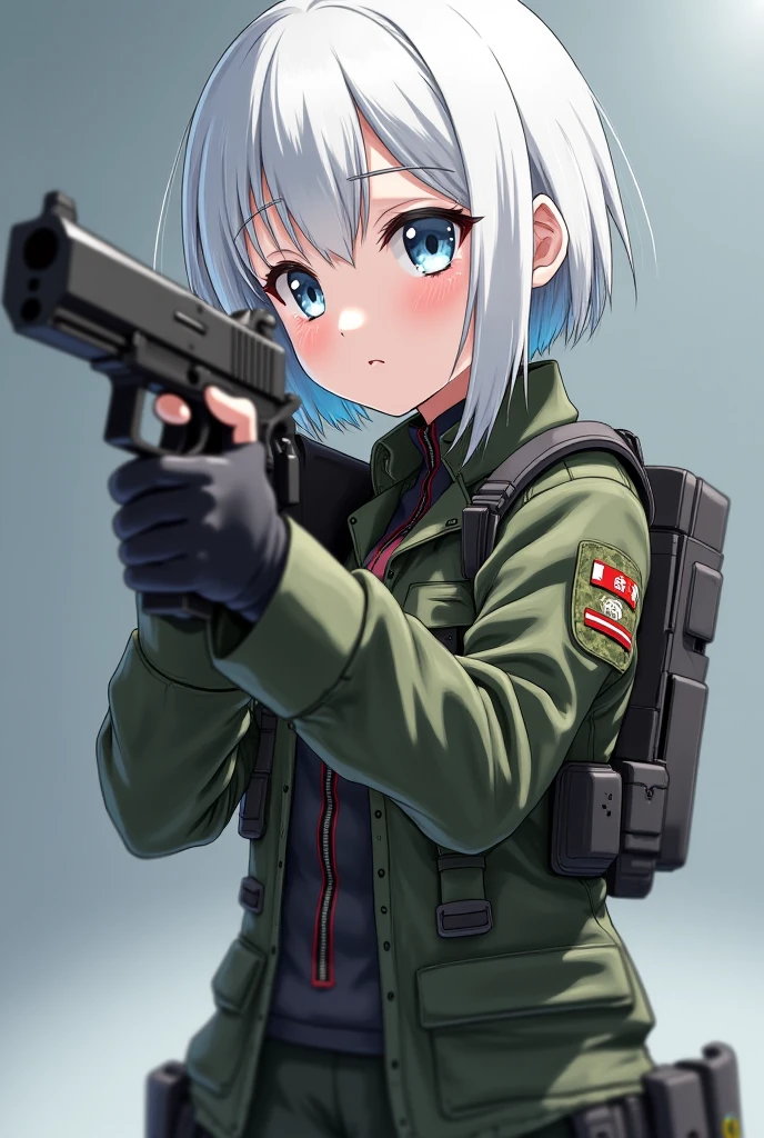 Cute white anime girl wearing military gear holding a gun