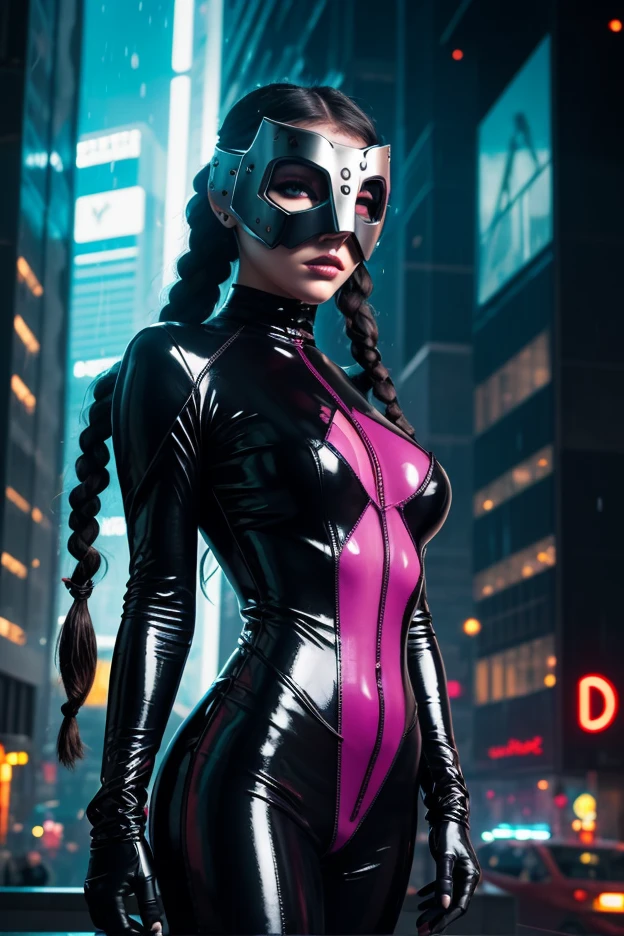 beautiful woman, detailed face, beautiful face, white hair, beauty, black cat (Marvel), ((Black Cat)), Marvel Black Cat, black latex clothing, Eye mask, full body photo, prominent figure, night, photo (Masterpiece) (Best quality) (detail) (8K) (HD) (Wallpaper) (cinematic lightining) (Crisp focus) (Intricate), sexy, rain, wet, rays, best quality, Ultra high resolution, Photorealistic, Full Body Portrait, Incredibly Beautiful, Dynamic Poses, Detailed Skin Texture, Highly Detailed Skin, Detailed Face, Beautiful Legs, Big Breasts, Powerful, Detailed Arms, , Detailed Eye Mask., ((2heads)), conjoined dicephalus,(((big bulge)))