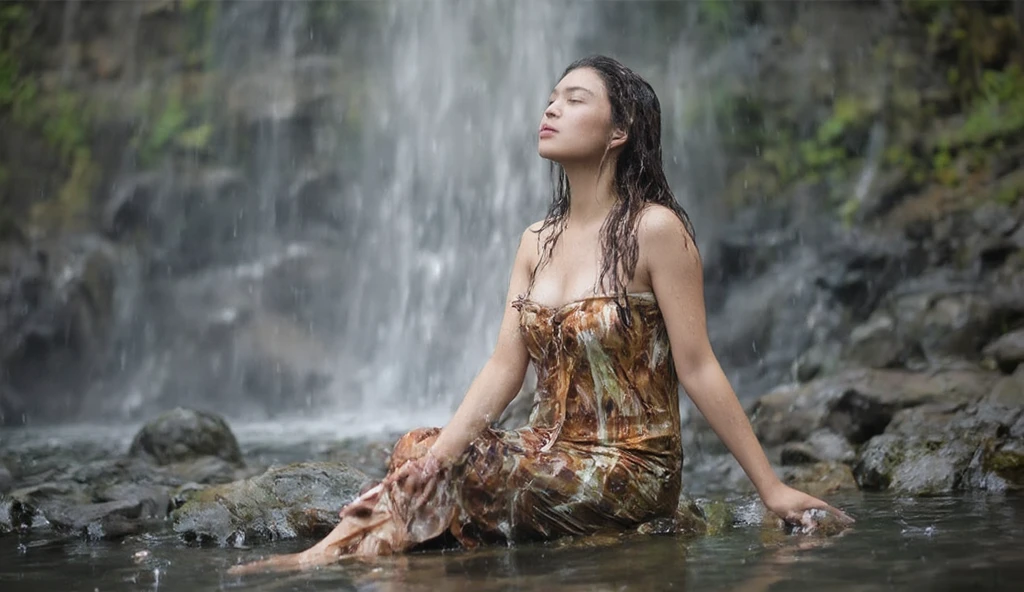 Create a vivid color image dark night under heavy rain with a tranquil waterfall in a natural rock setting.In the foreground, a very wet beautiful Smiling thai woman white skin thin slender isdepicted lying on a large rock near the base of the waterfall. The woman is curled up and draped in a soft part. A transparent white See throughcloth drapes over her body, creating a calm and inquisitive feeling with the contrast between the powerful waterfall and the calm resting figure. Captured.Less