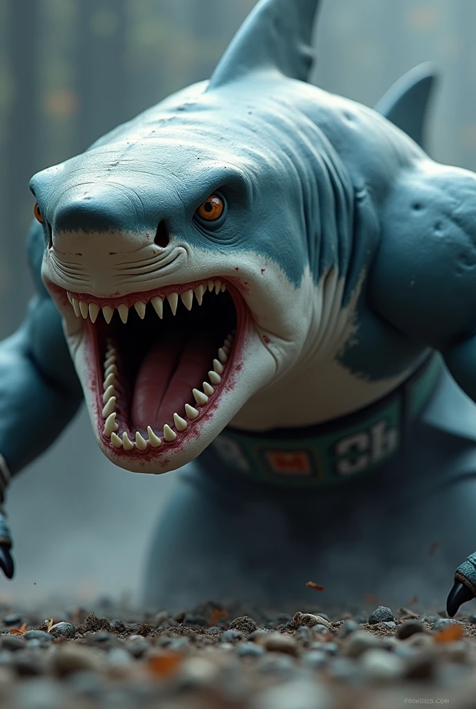 shark intimidating the camera with its gaze and injuries, cutoffs, from sideways