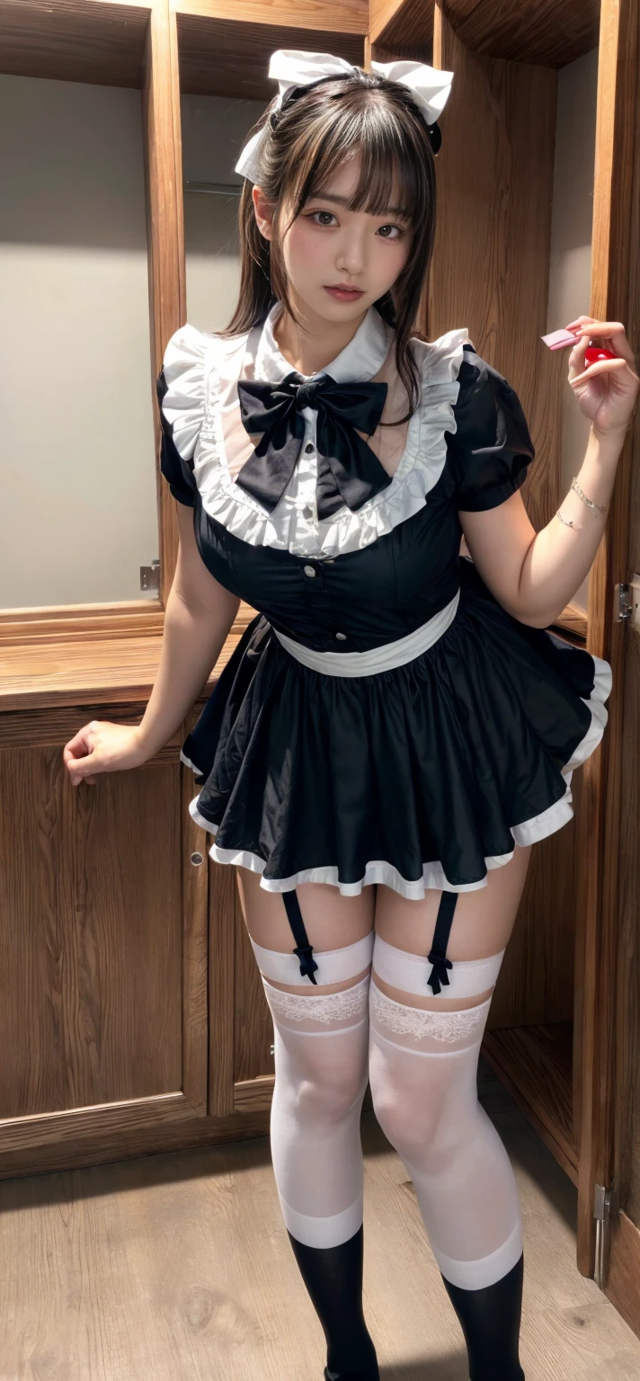 (8K、RAW Photos、Highest quality、masterpiece:1.2)、(Realistic、Realistic)、1 Girl、((Maid Costume:1.2、Thin legs、whole body、View from the front、smile、Looking into the camera、Hold your skirt with both hands and show me your black panties))、cute、Accurate Fingers