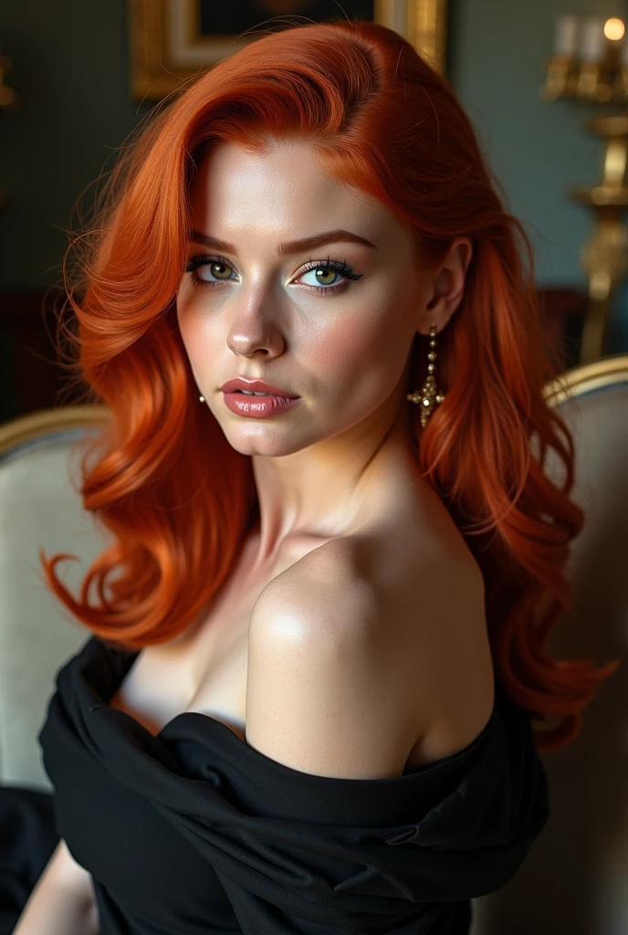 full body with legs,High-quality photograph of a striking woman with flowing, vibrant red hair that cascades down her shoulders. She has a confident and alluring expression, enhanced by her soft makeup and arched eyebrows. The woman is wearing a form-fitting, deep V-neck dress in a sleek, metallic tone that accentuates her figure. The neutral background keeps the focus on her, highlighting her stunning features and poised demeanor. The lighting is soft, creating a gentle glow on her skin, adding to the overall elegance of the portrait.