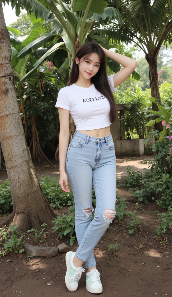 beautiful russian girl standing like a model for photo shoot, wearing white tshirt and blue jeans