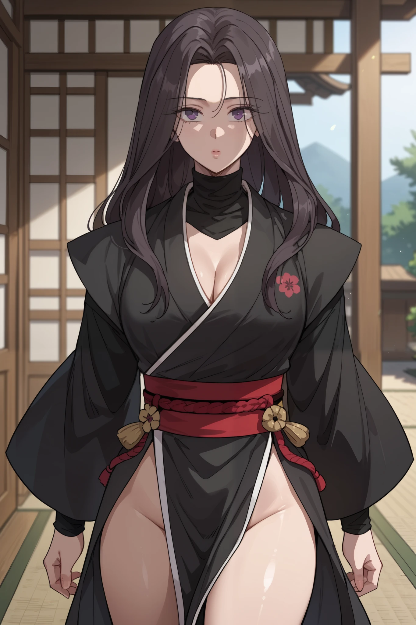 score_9, score_8_up, score_7_up, score_6_up, source_anime, rating_explicit, shiny skin,light particles,mature female, 1girl, slim body, slim legs, solo, cleavage, medeuim breast
long hair, black hair, purple eyes, long sleeves, japanese clothes, kimono, red sash, black kimono