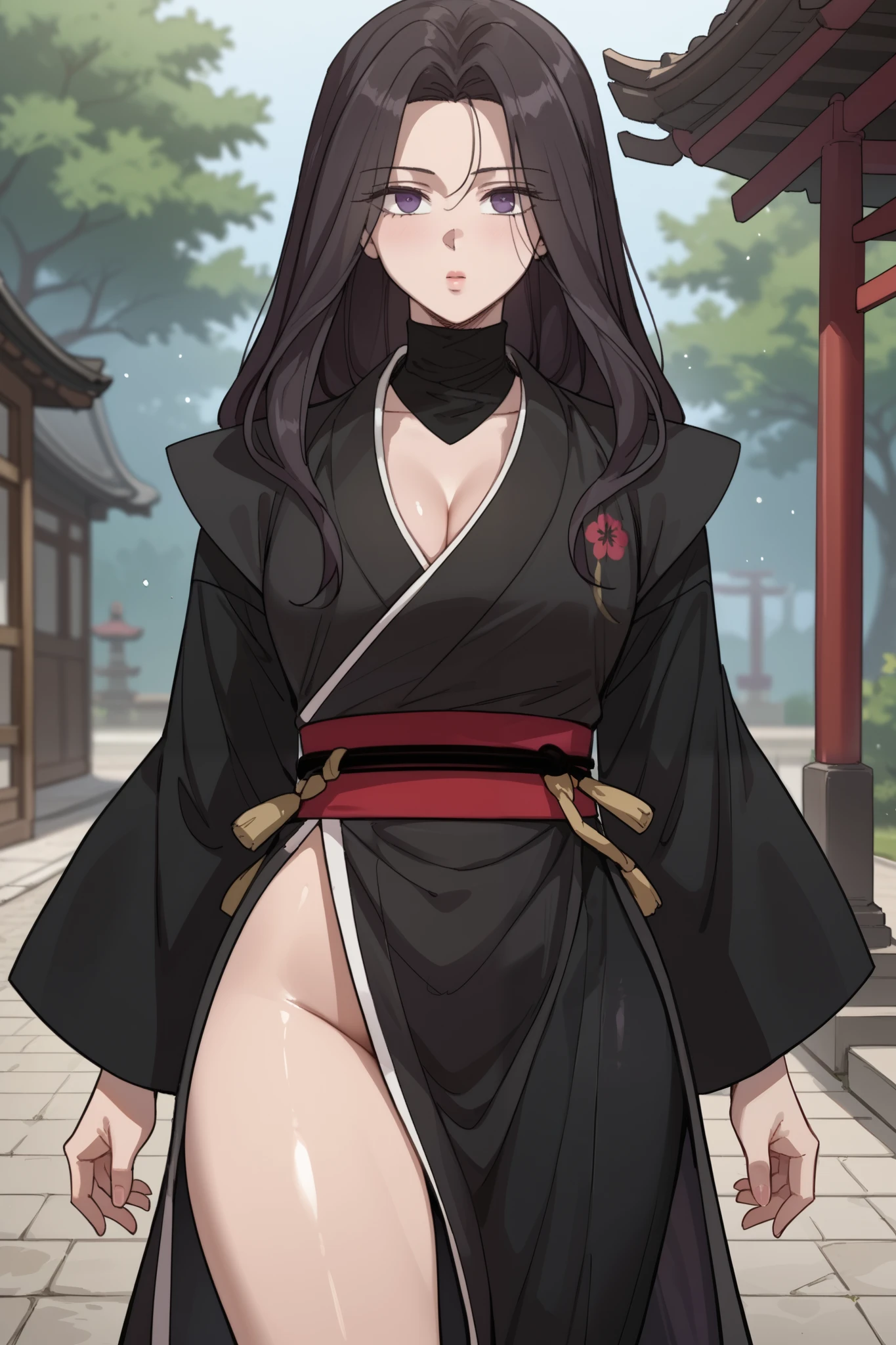 score_9, score_8_up, score_7_up, score_6_up, source_anime, rating_explicit, shiny skin,light particles,mature female, 1girl, slim body, slim legs, solo, cleavage, medeuim breast
long hair, black hair, purple eyes, long sleeves, japanese clothes, kimono, red sash, black kimono
