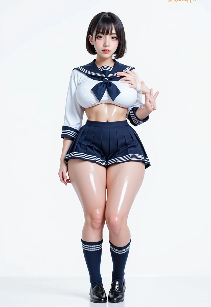 1girl, solo, black hair, short hair, dark brown eyes,
black (serafuku), white leotard, thighhighs, black (knee boots), black (platform boots), sleeves past wrists,
skindentation, partially visible vulva, (cameltoe:0.3, covered nipple:0.07), (unberboob:0.5),
standing, (simple background, white background),
<lora:Swmming lassons 4:1:1:lbw=OUTD>,