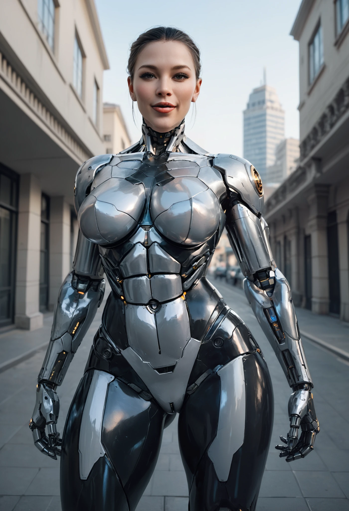 1girl, (full body:1.4) photo of android woman on roof, ((close up)), ((front view)),(high heels), (pov), ((lagre breasts)), ((squatting)), ((focus between legs)), (( Metallic spread legs)), ((Metallic naked body)), arms up armpit, sun light, morning, masterpiece, (photorealistic:1.4), best quality, beautiful lighting , braided hairstyle, ray tracing, ( very detailed background, detailed complex busy background : 0.8 ) , , sharp focus, 8k uhd, dslr, high quality, film grain, photorealism, lomography , view from below , translucency , (HDR:1.2)