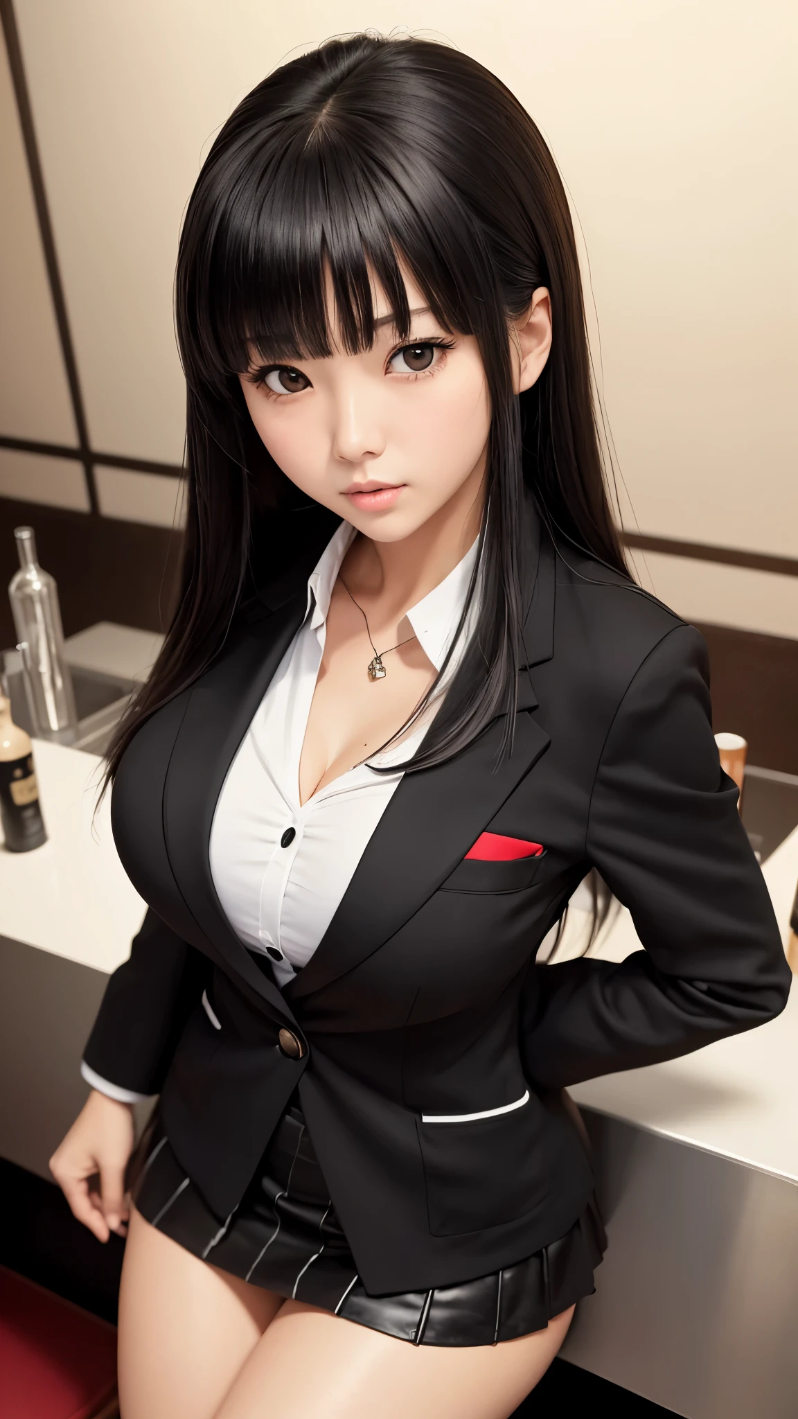 ((high quality)), ((Tabletop)), (Detailed face), (highlight), Asian Girl、Big breasts、thigh、Black Hair、Heavy bangs、high school girl、skirt、blazer、