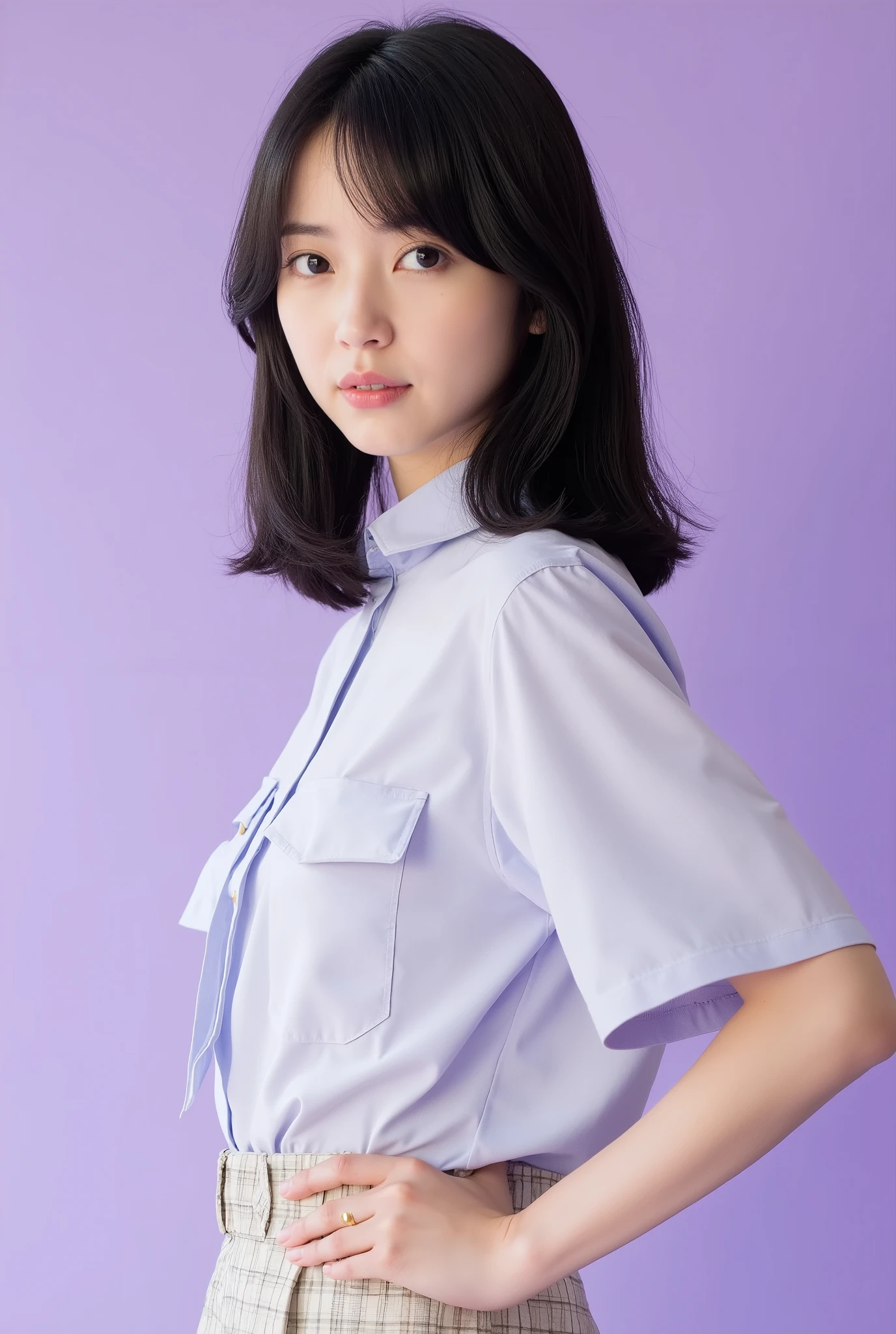 Create a realistic portrait of a beautiful Japanese idol girl in a cowboy shot. She has an elegant oval face, stunning eyes, and semi-long length black hair. Her physique is slim with a small chest and long legs. Dress her in fashionable spring attire against a simple, soothing purple background.