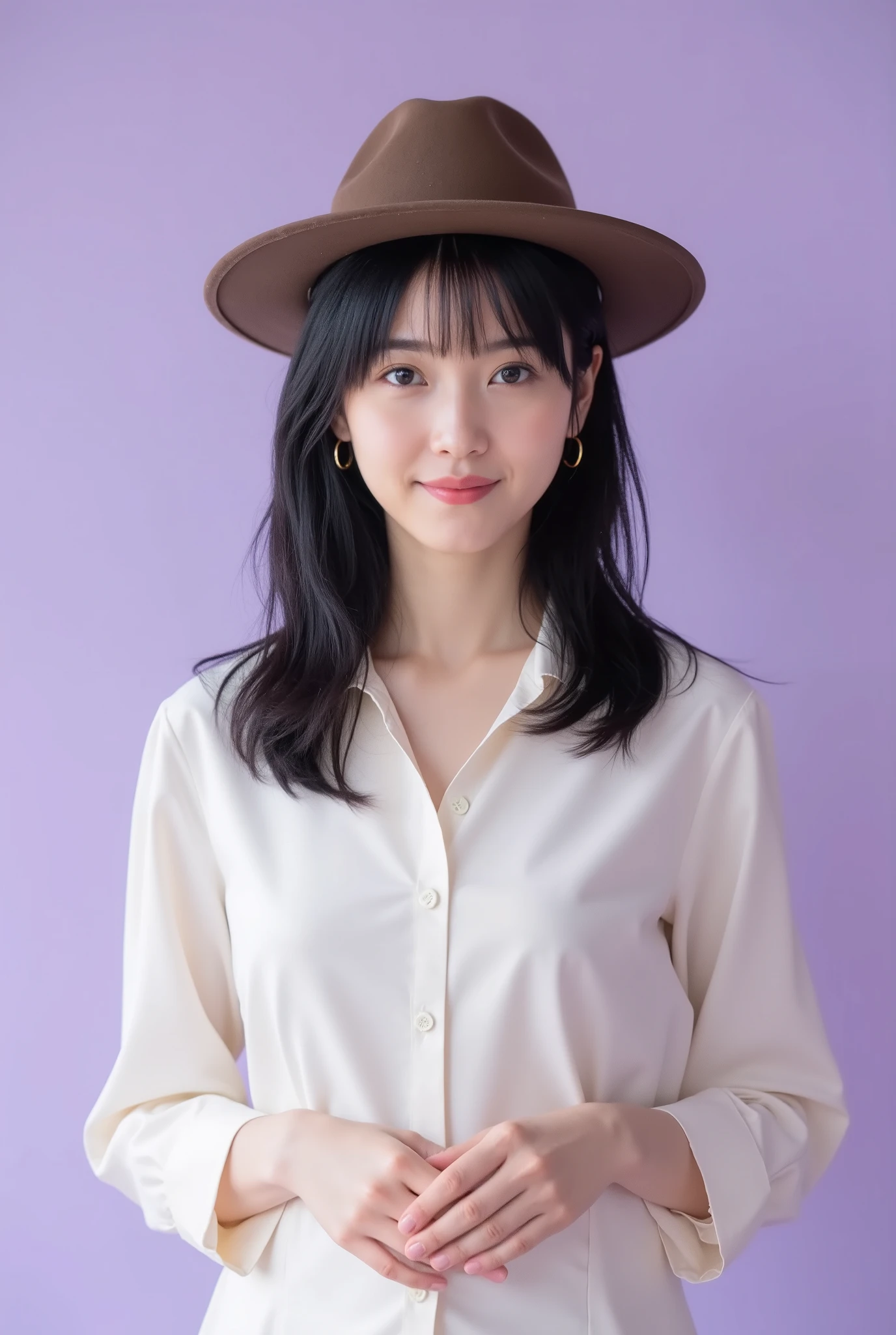 Create a realistic portrait of a beautiful Japanese idol girl in a cowboy shot. She has an elegant oval face, stunning eyes, and semi-long length black hair. Her physique is slim with a small chest and long legs. Dress her in fashionable spring attire against a simple, soothing purple background.