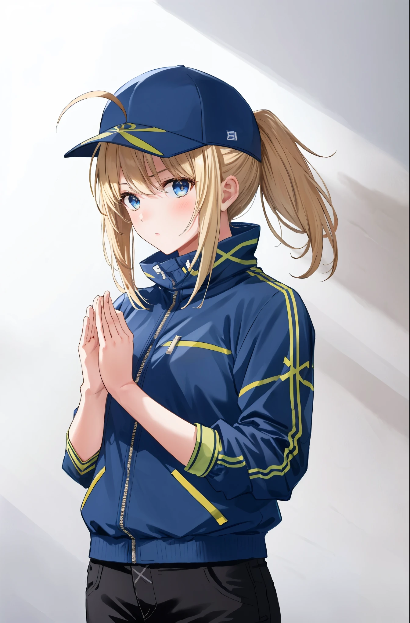 drip jacket,white background, shirt, closed mouth, open clothes, black pants, pants, 1girl, black shirt, looking at viewer, open jacket, solo, own hands together, (masterpiece:1.4), (best quality:1.4), realistic, 1girl, front view, serious, mysterious heroine xx \(fate\), ahoge, baseball cap, blue headwear, hair through headwear,