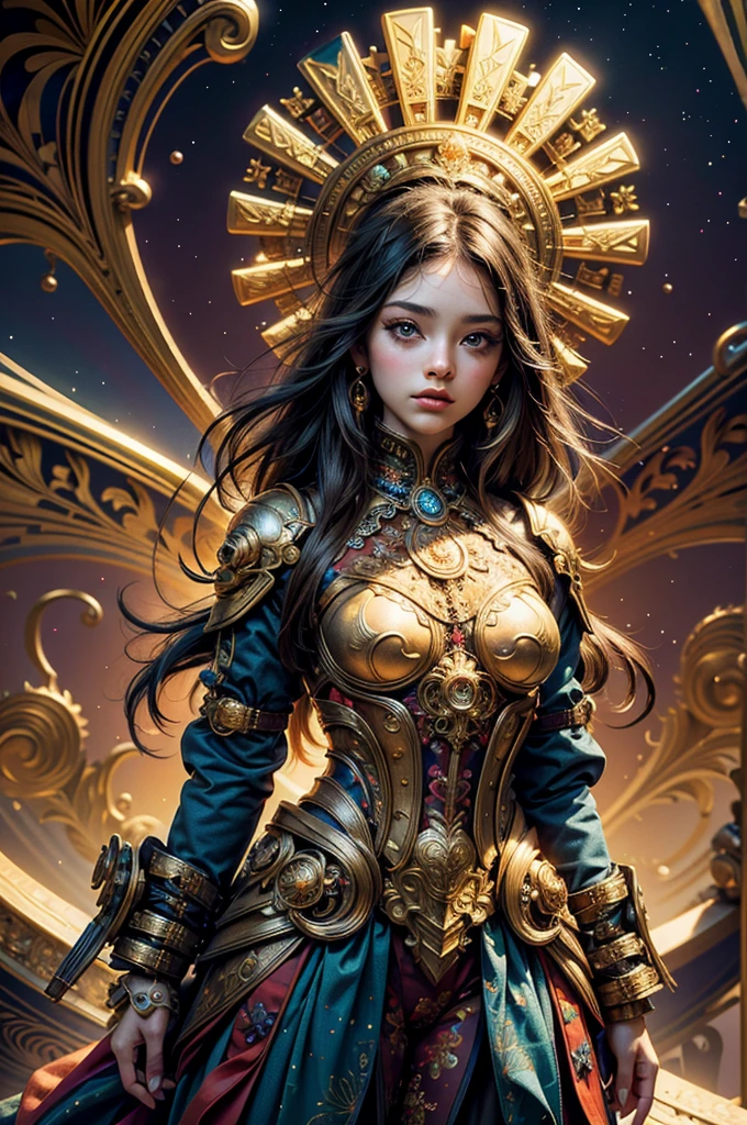 Hyper realistic digital painting of a beautiful girl, bright dark brown eyes, messy mid-length hair with golden highlights, intricate details, in a surreal and fantastic setting, highly detailed portrait blending Boris Vallejo's fantastic muscular realism, combining styles artistic works by Jose Royo, Julie Bell, Carne Griffiths, Benedick Bana, Brian Froud and Eric Wallis, precise anatomy, global lighting, chiaroscuro, ray tracing