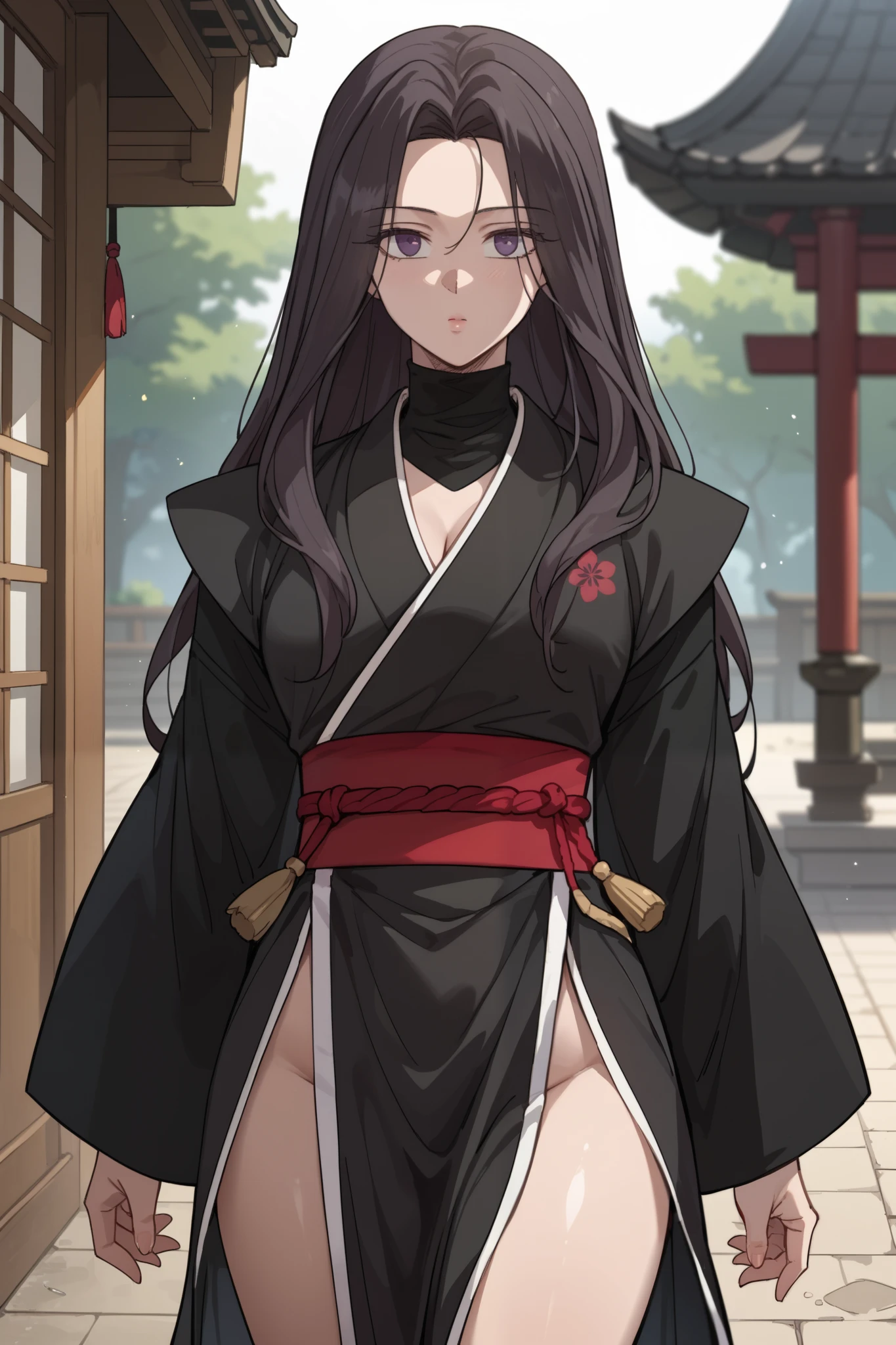 score_9, score_8_up, score_7_up, score_6_up, source_anime, rating_explicit, shiny skin,light particles,mature female, 1girl, slim body, slim legs, solo, cleavage, medeuim breast long hair, black hair, purple eyes, long sleeves, japanese clothes, kimono, red sash, black kimono