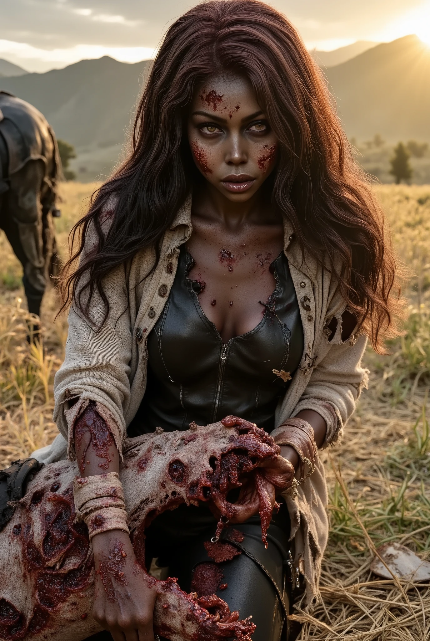 Zombie woman on her knees eating a dead horse, wearing torn leather, tearing off flesh, rotting flesh, open wounds, undead, blood and gore, bloody wounds, torn flesh, in a rye field, sunset