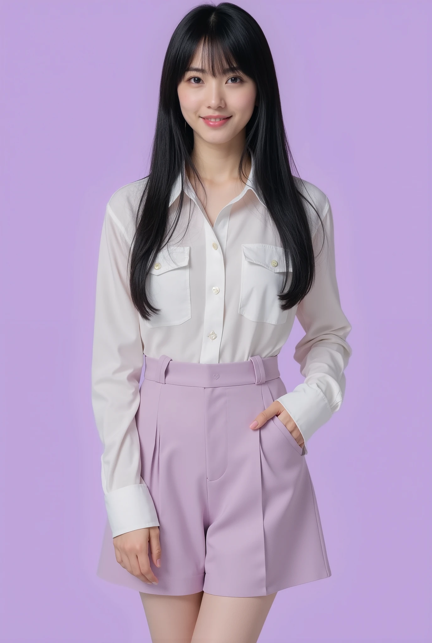 Create a realistic portrait of a beautiful Japanese idol girl in a cowboy shot. She has an elegant oval face, stunning eyes, and semi-long length black hair. Her physique is slim with a small chest and long legs. Dress her in fashionable spring attire against a simple, soothing purple background.
