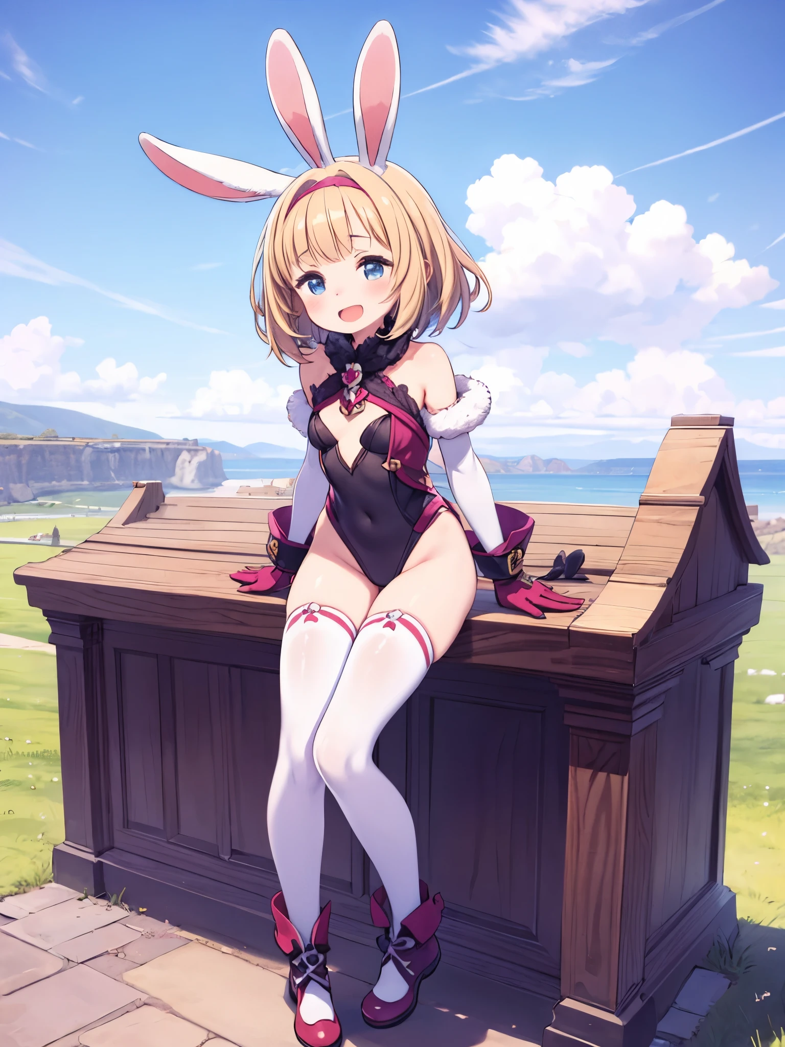 GRANBLUEfantasy,ung_teeirl,brown_hair,medium_bob_hair,platina_blond_hair,white_leotard,covered_crotch,thigh-highs,smile,standing,bluesky_landscape_background,slightly_spread_legs,happiness, short_gloves ,solo, r18, navel,relicbuster,short,boots,open_mouth,sitting,knees,blush,shy,bunny_ears,piledriver,(crotch:1.3)