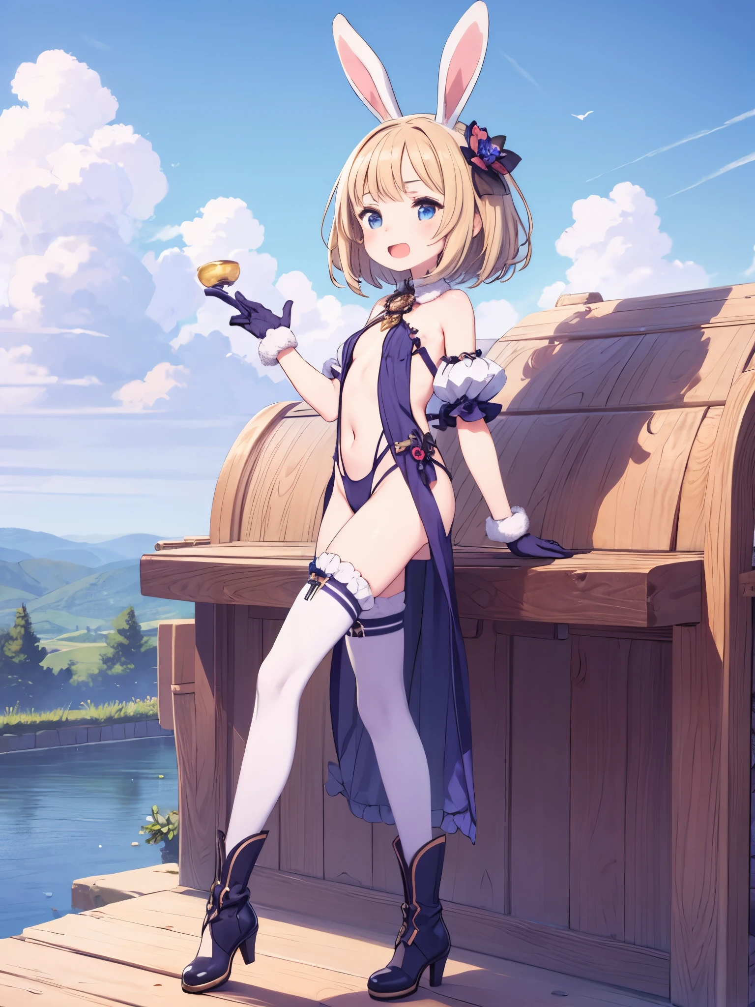 GRANBLUEfantasy,1young_teen_ girl,brown_hair,medium_bob_hair,platina_blond_hair,white_leotard,covered_crotch,thigh-highs,smile,standing,bluesky_landscape_background,slightly_spread_legs,happiness, short_gloves ,solo, r18, navel,relicbuster,short,boots,open_mouth,sitting,knees,blush,shy,piledriver,(crotch:1.3)