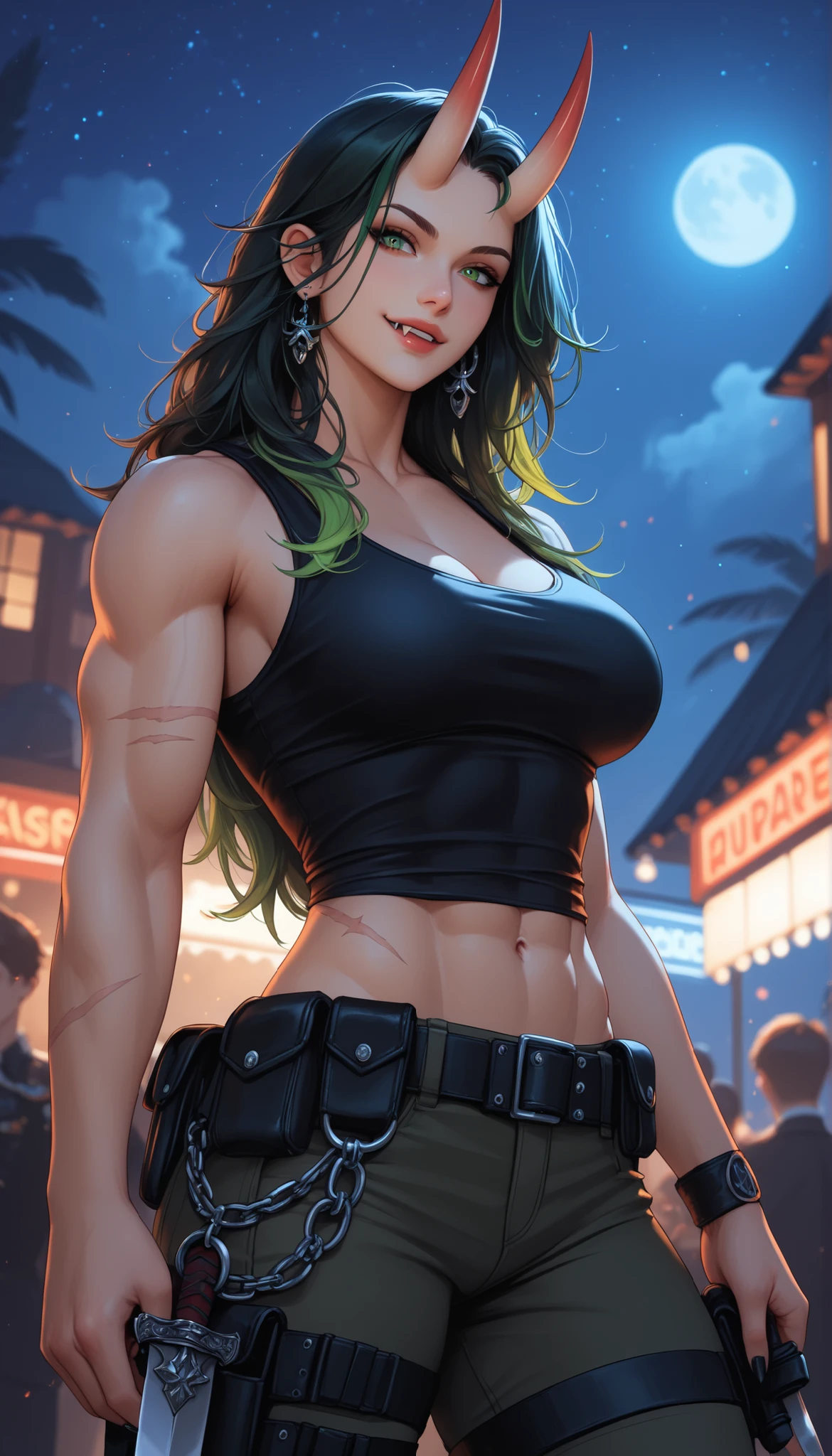 score_9, score_8_up, score_7_up (zPDXL3) Stable_Yogis_PDXL_Positives, BREAK inside, nightclub, (night:1.8), strobe_lights, party, background_people, volumetric_lighting
(Demon) 1girl, scars, Oni_horns, Tall, sharp teeth, fangs, peach skin, muscular, muscular arms, long_messy_hair, long hair, Hair_tied_back, black hair (green highlights), black nails, green eyes, sadistic (narrow eyes, cruel_smirk) Body armor, knife_holster, military_tank_top, black combat pants, standing, close_up_view, side_view, looking down at viewer, large breasts, Mature looks, MILF, 8k, (masterpiece), Oni_horns, realistic,
Expressiveh