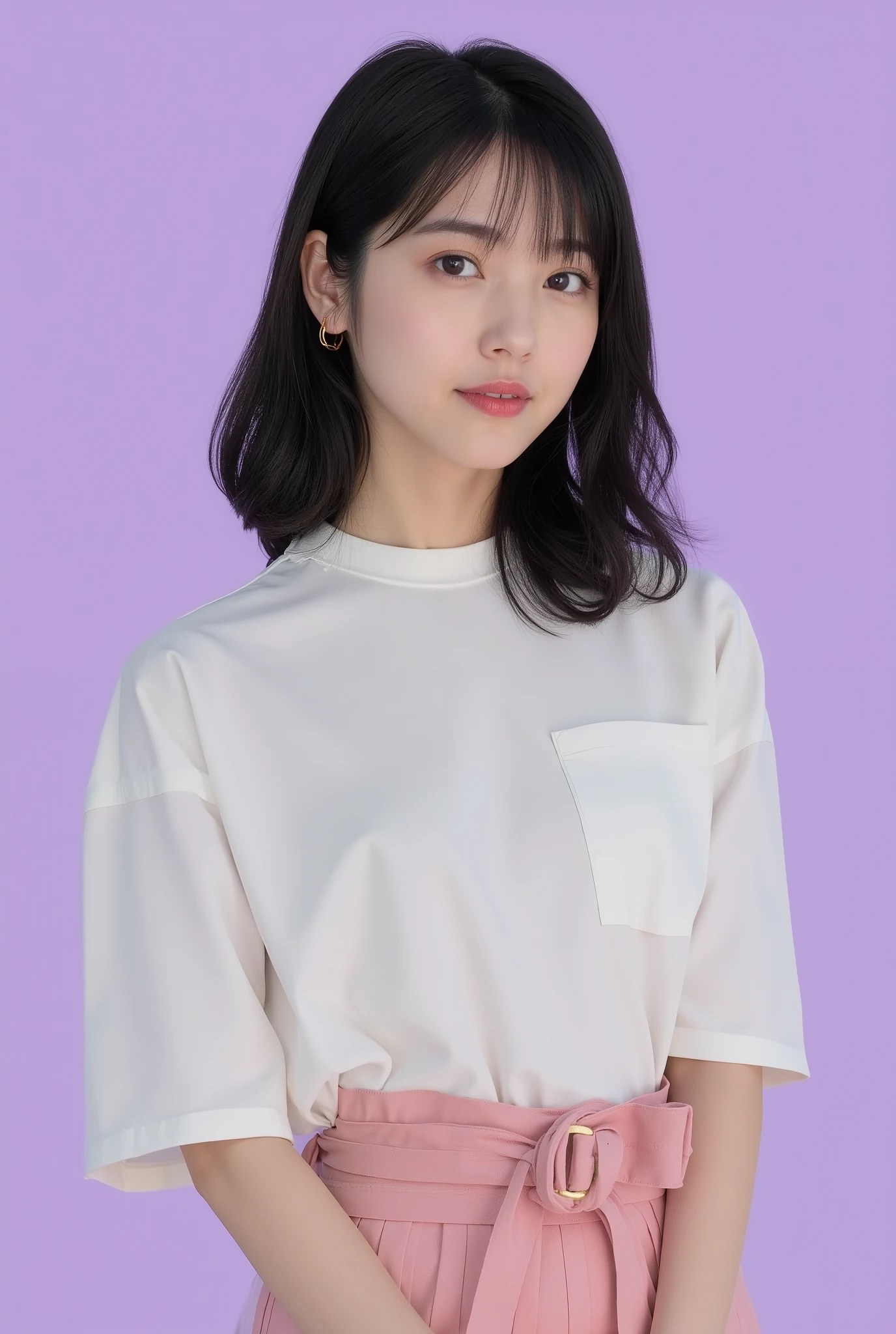 Create a realistic portrait of a beautiful Japanese idol girl in a cowboy shot. She has an elegant oval face, stunning eyes, and semi-long length black hair. Her physique is slim with a small chest and long legs. Dress her in fashionable spring attire against a simple, soothing purple background.