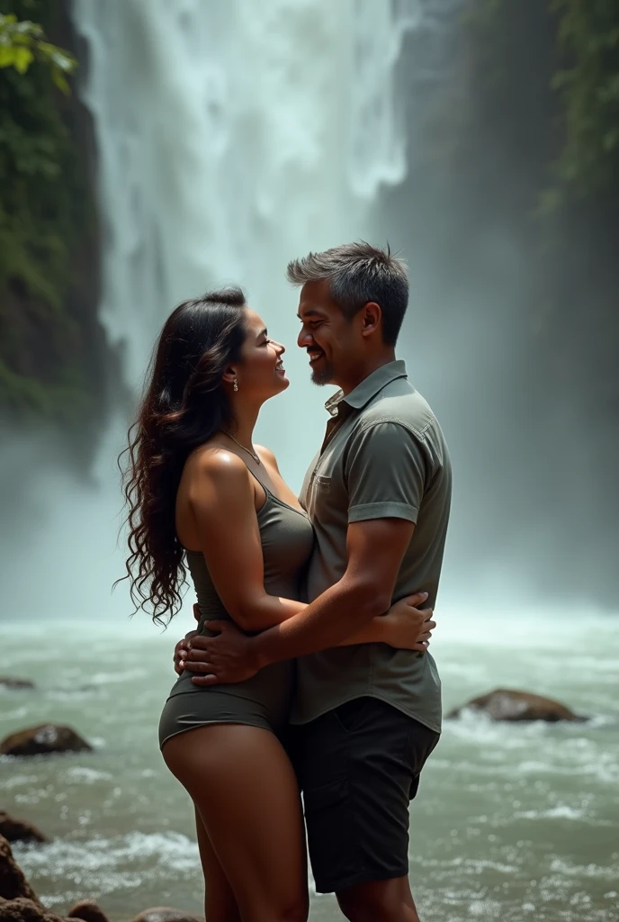 Brazil(women)India(man )Forest couple , enjoy romance and sex love life in bikini , The couple is sitting in a tent on the mountain and there is a big waterfall in front Best life fell women bikini colour purple