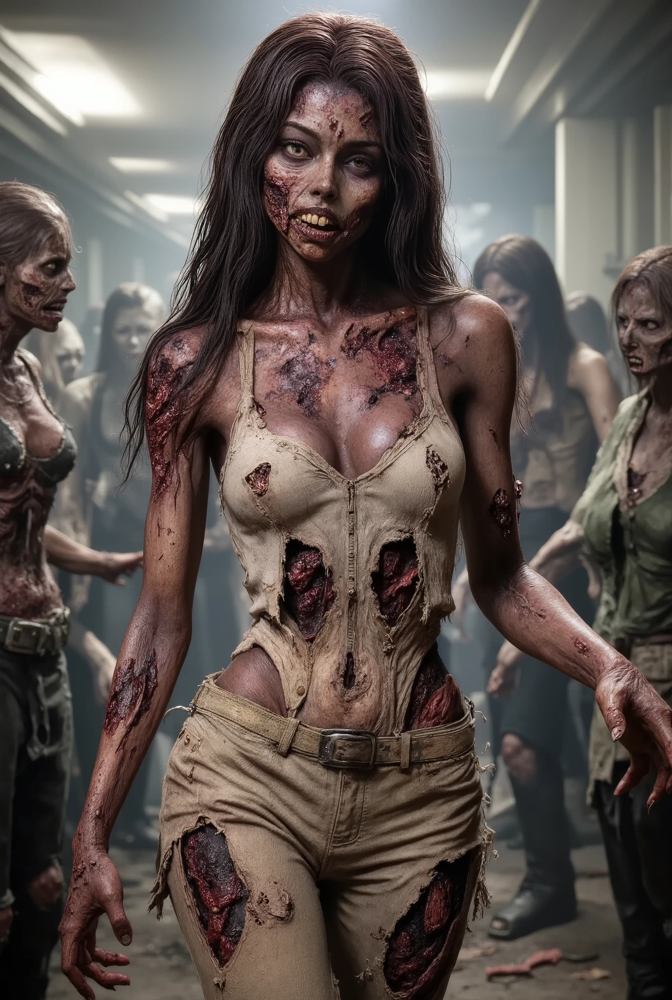 Zombie girl surrounded by other zombies, rotting flesh, open wounds, undead, open mouth with rotting teeth and blood, severed nose, blood and gore, bloody wounds, torn flesh, one arm reaching out to the viewer, 