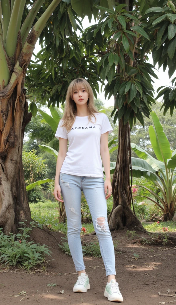 A 25 year old filipina girl wearing a pink tshirt and white jeans and sneakers、smile、Short haircut the background is night and koraen park.