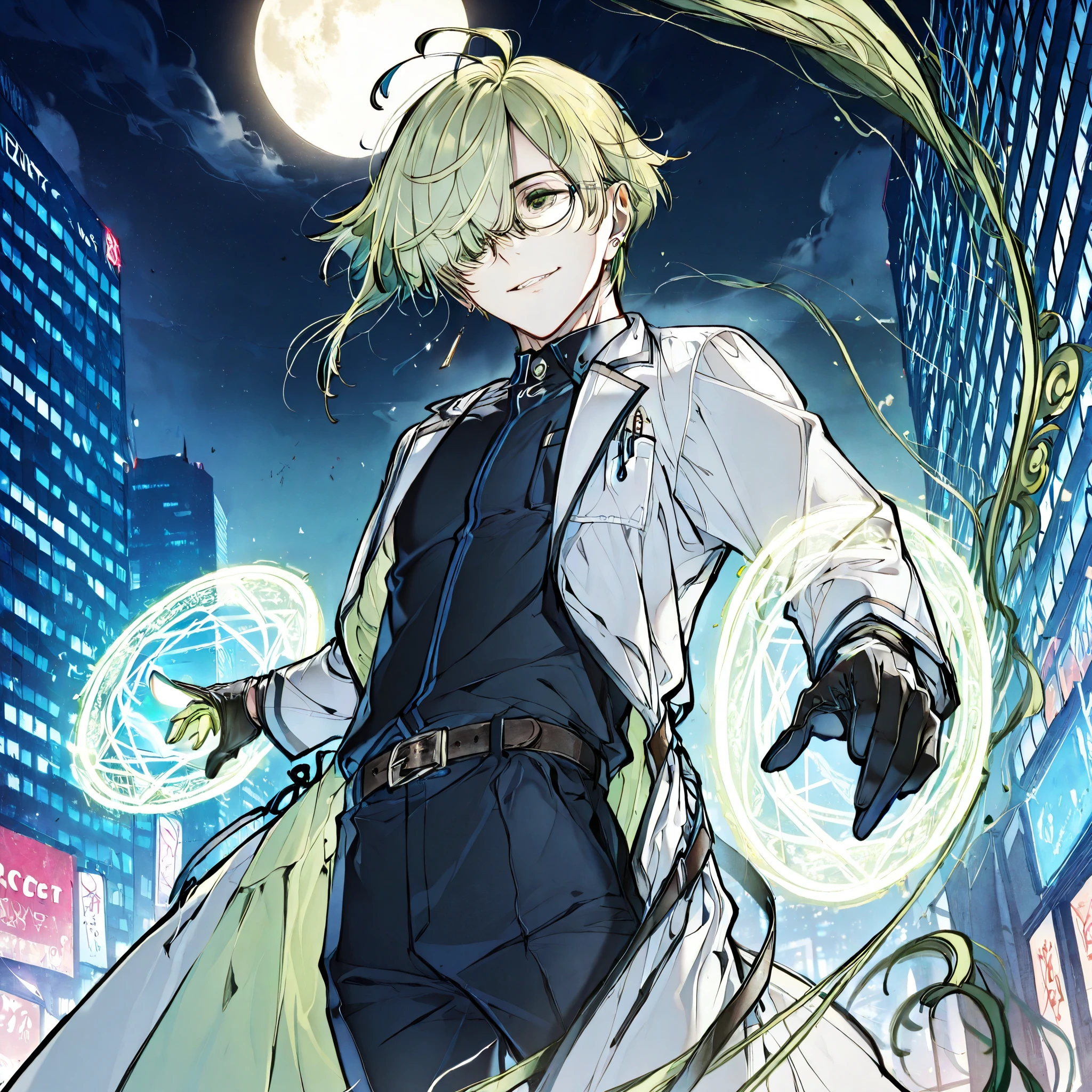 (boy), green ivy hair, green eyes, short cut, side part, ahoge, hair over one eye, short, solo, outside, at night, Thin, yellow half moon, pants, grinning Smile, male, glasses, earrings, gloves, belt, delicate facial features, outside, in the city, Doctor, magic circle, raise right hand, glowing runes, pulsating waves, charged atmosphere
