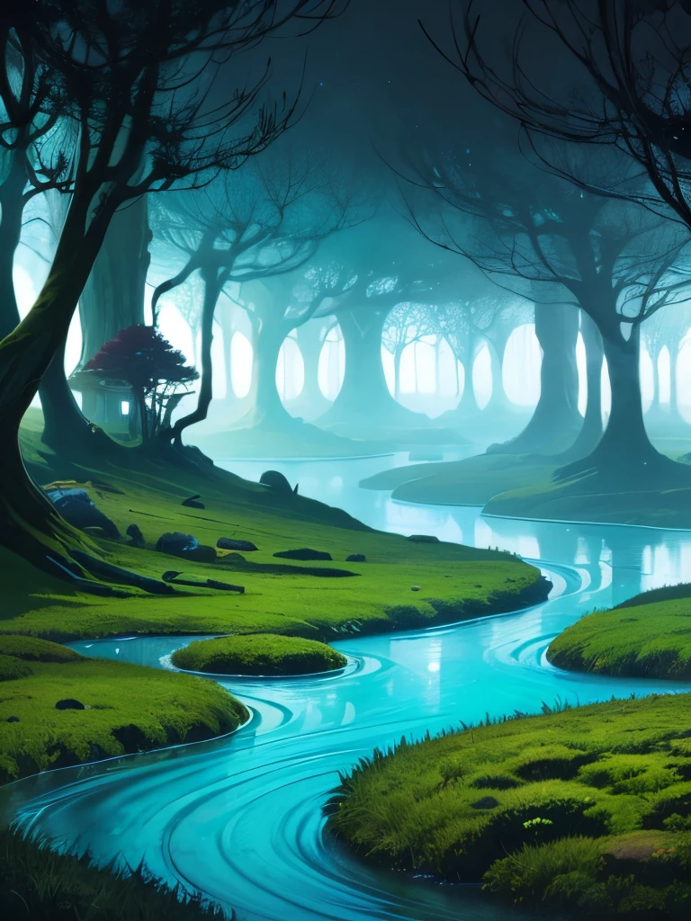a painting of a tree with green leaves and a winding road, a digital painting inspired by Eyvind Earle, trending on deviantart, fantasy art, teal landscape, fantasy tree, magical tree, swirling nature magic, swirling scene in forest, dream scenery art, magic tree, whimsical fantasy landscape art, mystical forest lagoon, scenery artwork, magical landscape, beautiful digital art