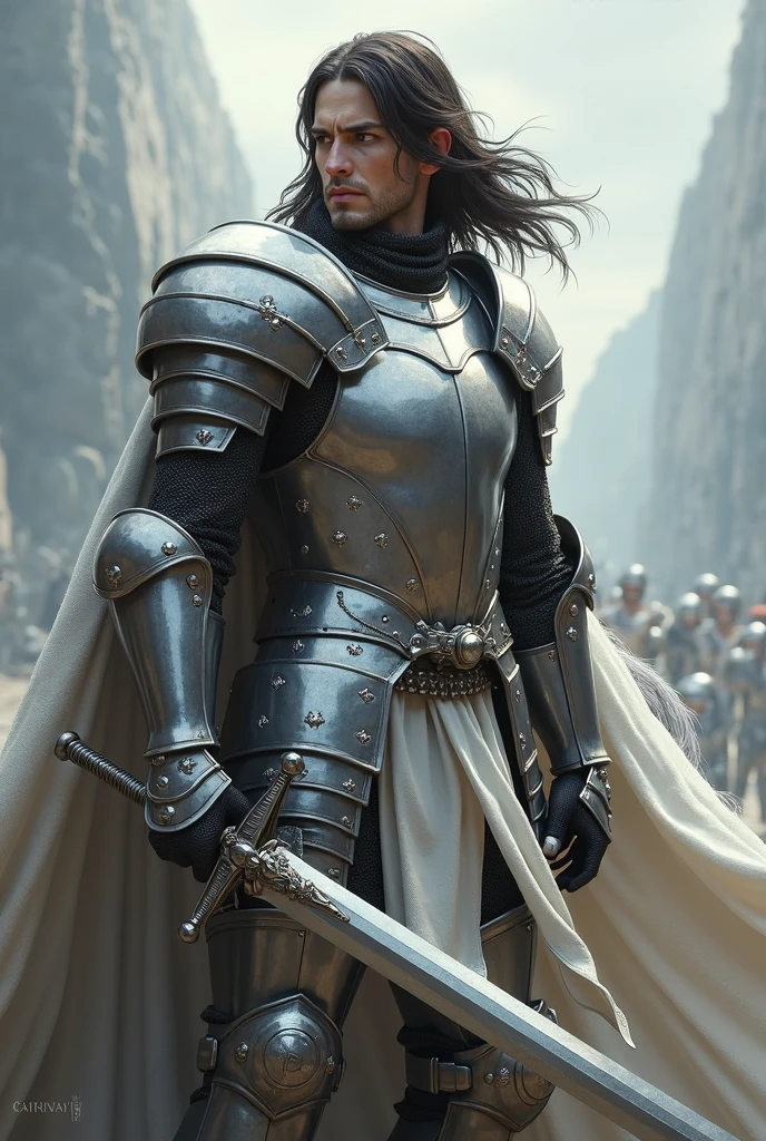 Henry Cavill, as a medieval Templar knight, long hair, robust, grim expression, clad in leather armour, ((large sword in hand:1.3)), riding a horse, on a battlefield, corpses and soldiers in background, castle visible at a distance, dusklight, Templar flag fluttering in the horizon, full body, distant view