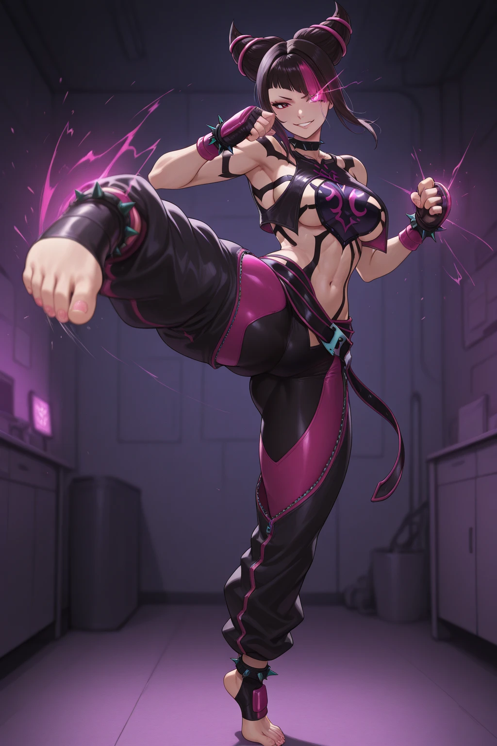anime character with purple and black outfit kicking a kick, thicc, commission for high res, highly detailed exquisite fanart, heavy gesture style closeup, badass pose, juri misaki, thighs!!!, thighs close up, extremely detailed artgerm, thick smooth warframe thighs, thighs!!!!!!, hyper detail illustration, sf 5 ink style, sf5 ink style