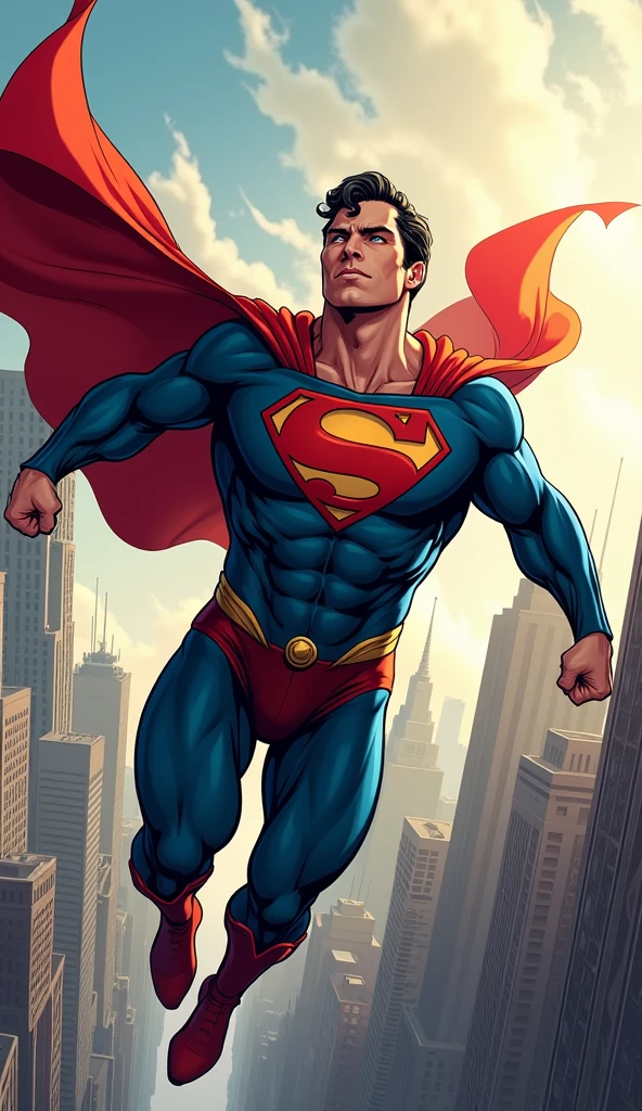 A comic book-style illustration of Superman soaring through the sky above Metropolis, his red cape billowing in the wind. His muscular physique is emphasized by dramatic lighting, and his blue and red suit, complete with the iconic ‘S’ emblem, gleams under the sunlight. His eyes glow slightly red, hinting at his heat vision. The background features towering skyscrapers, with a dynamic sense of movement captured through speed lines and a bold comic book color palette."